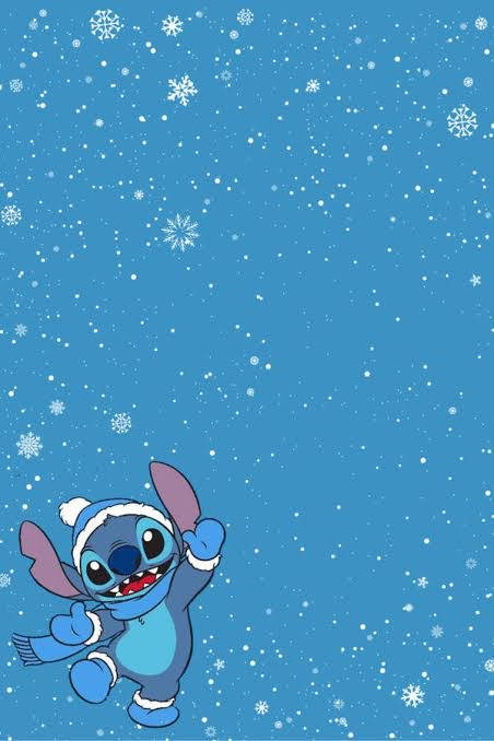 史迪奇穿著冬季裝備在藍天下飄雪中跳舞。
