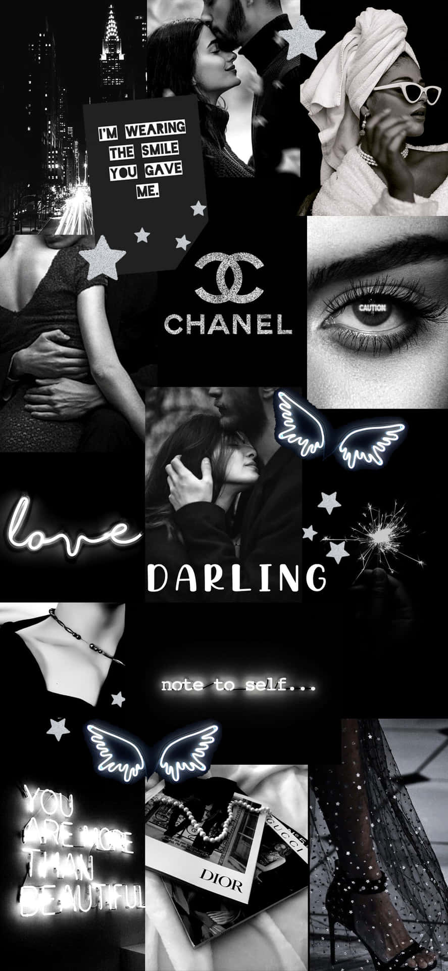 黑白拼貼，包含浪漫奢華時尚元素，包括 Chanel 和 Dior 品牌標誌。