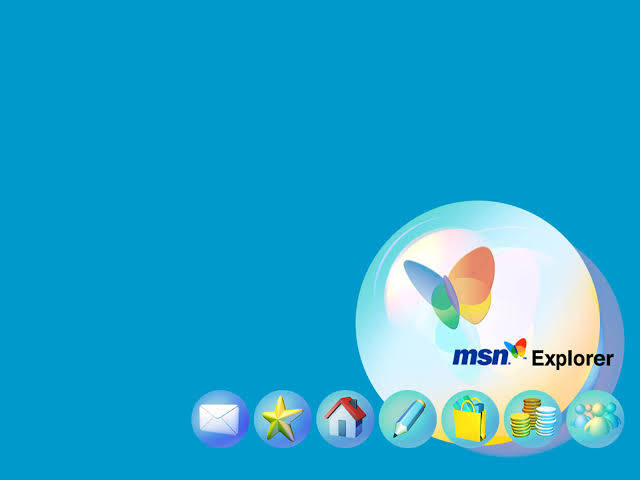 藍色背景上，氣泡中的 MSN Explorer 標誌，帶有彩色應用程式圖標。
