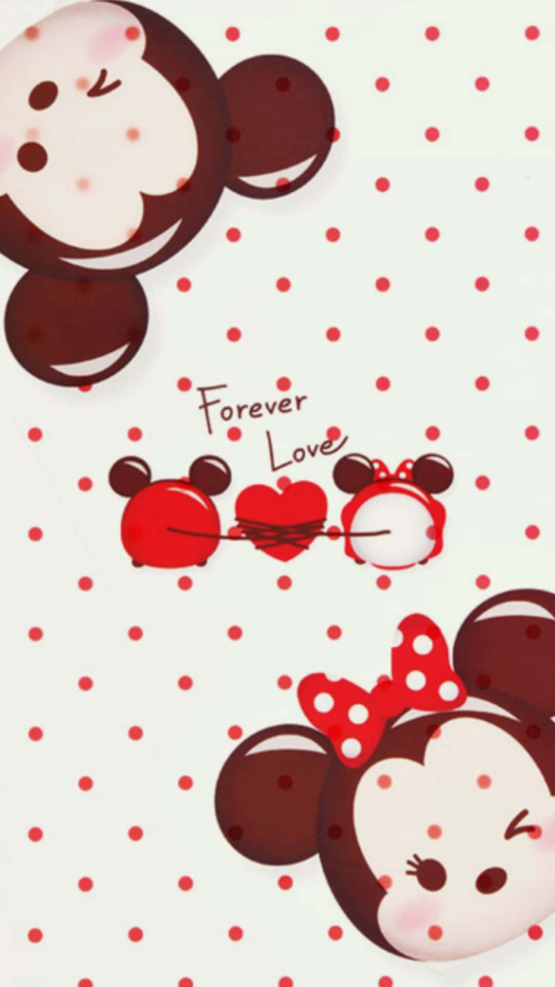 米奇和米妮老鼠手牽手，帶有心形和「Forever Love」文字，背景為紅色圓點。