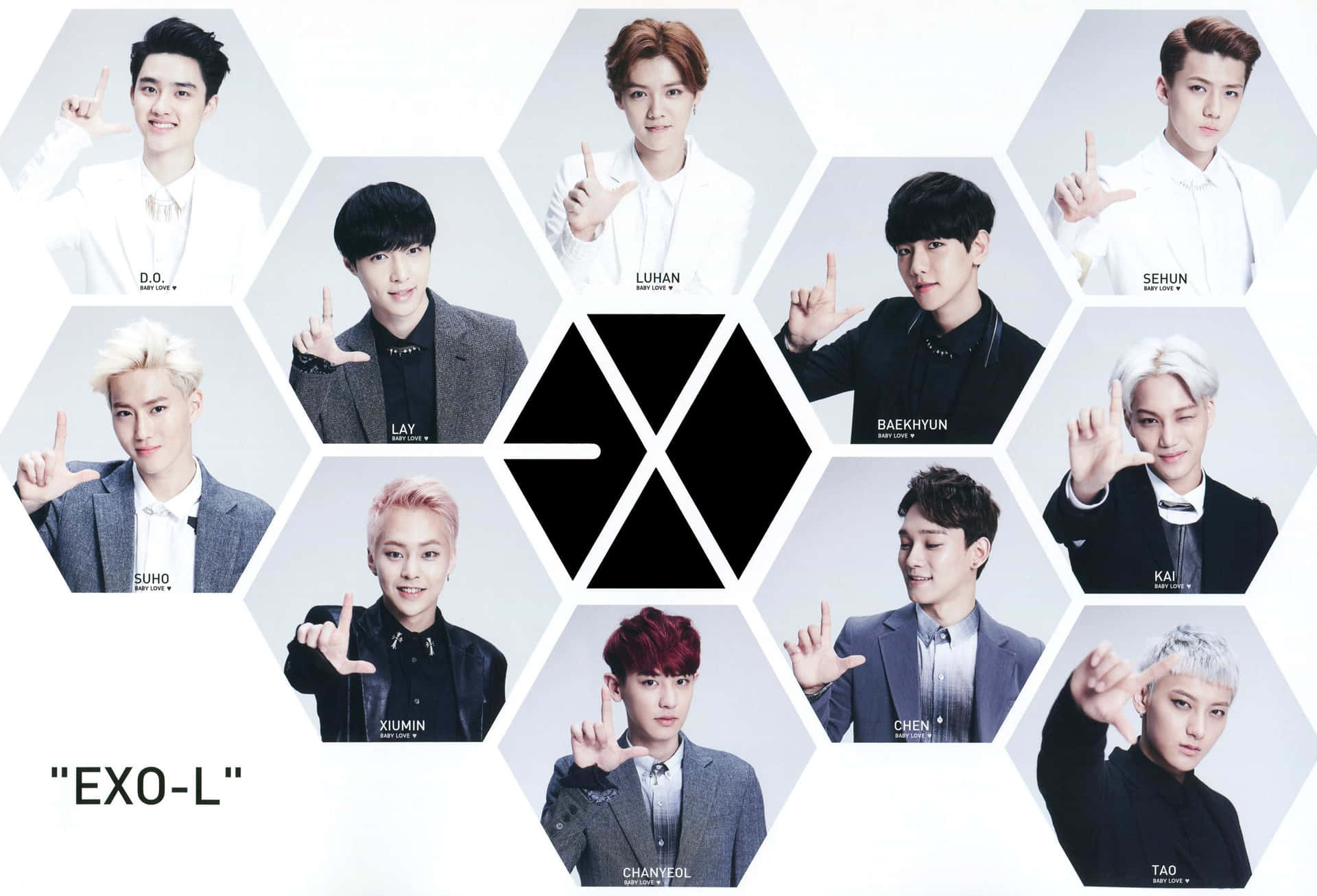 迷人系外行星探索 壁紙 — K-pop 組合 EXO-L 的九位成員在白色背景的六邊形框架中擺姿勢，每人做出獨特的手勢。