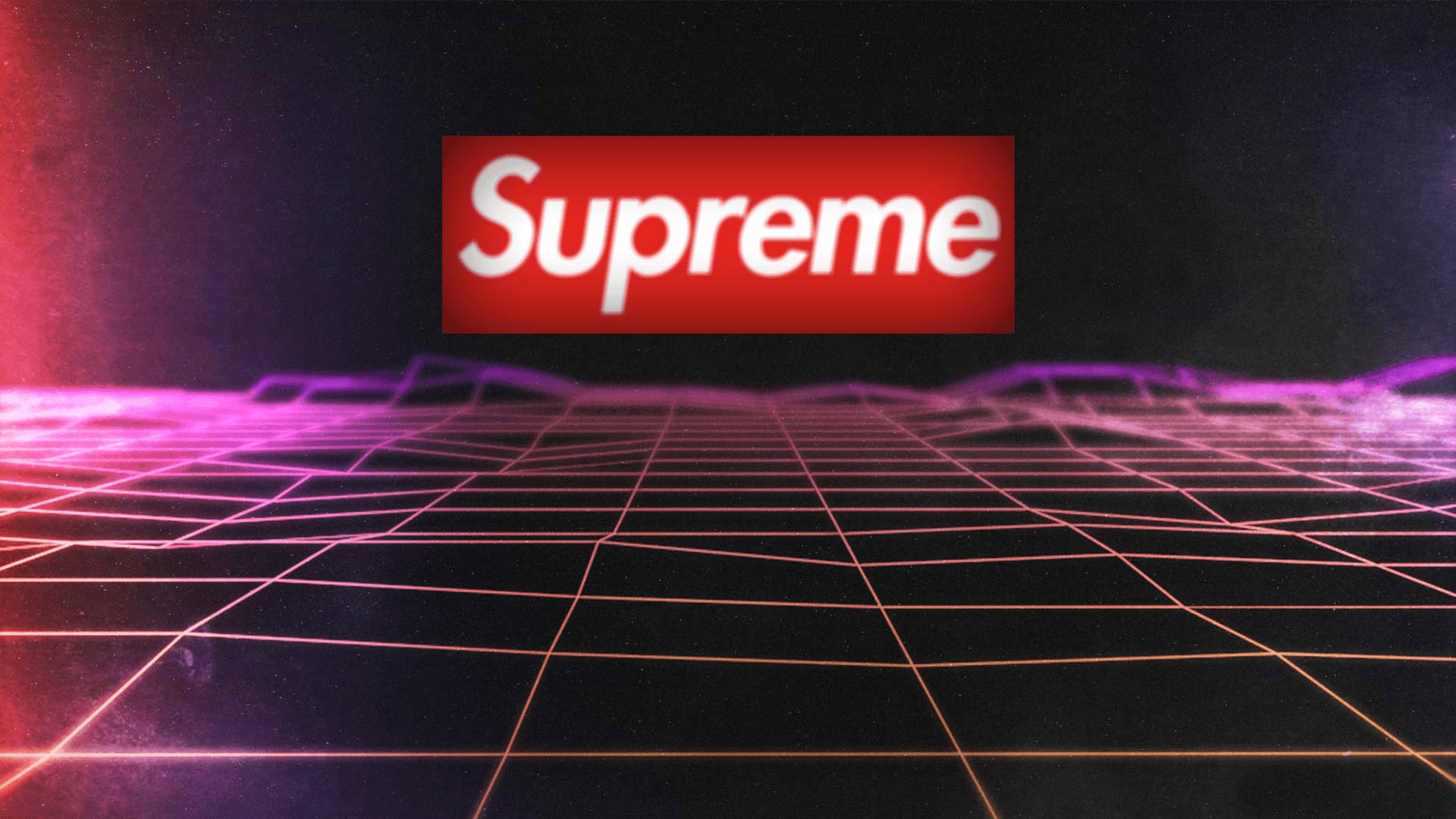 在黑暗的未來空間中，帶有漂浮 Supreme 標誌的霓虹網格。