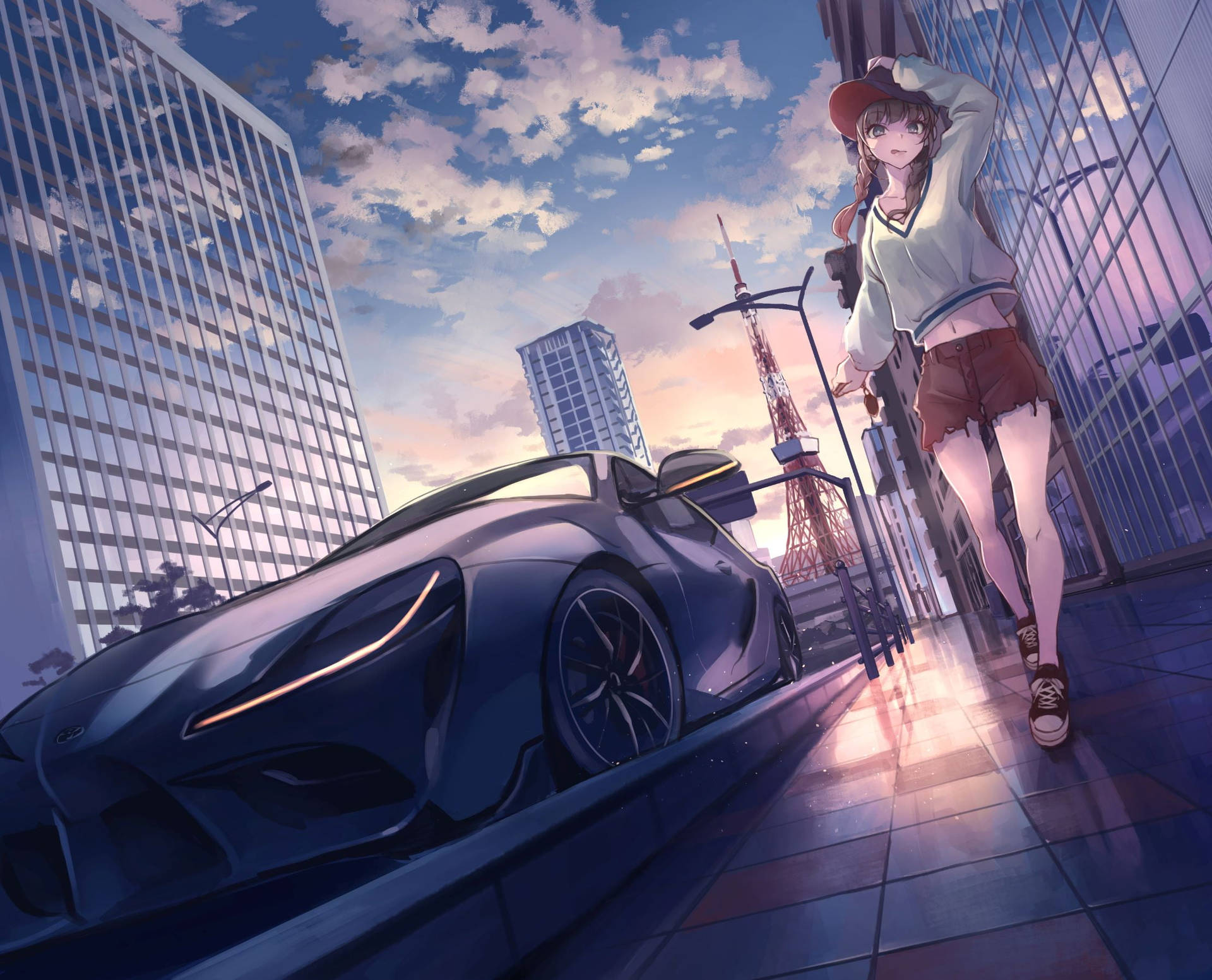 戴帽子的動漫女孩在城市中站在跑車旁，夕陽下