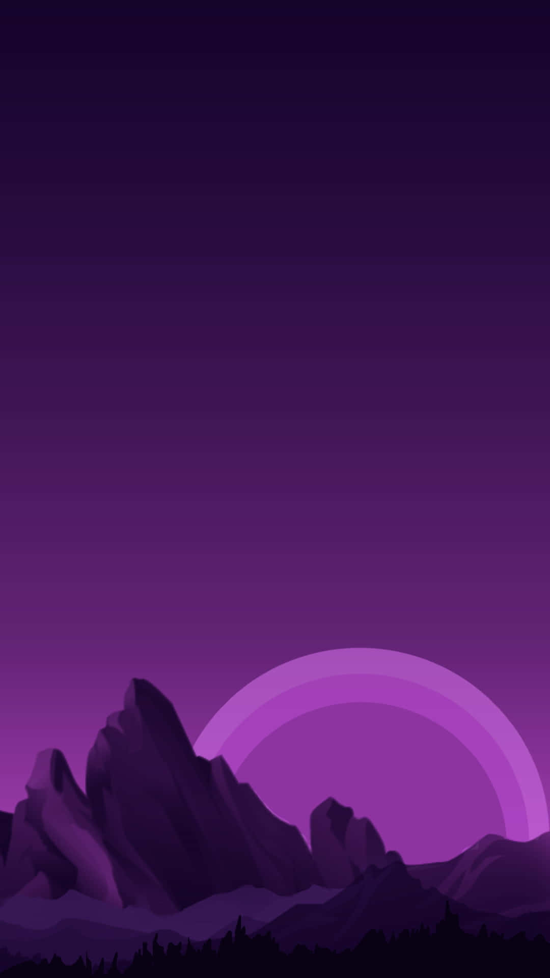 迷人紫色漸層背景 壁紙 — 漸變暮色天空下，發光的彎月襯托著極簡的紫色山脈輪廓。