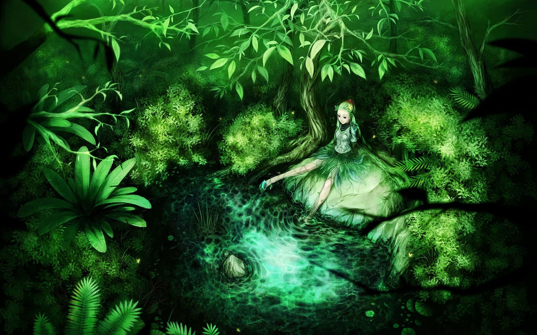 綠色森林中的仙女，發光池塘旁，樹葉天篷下