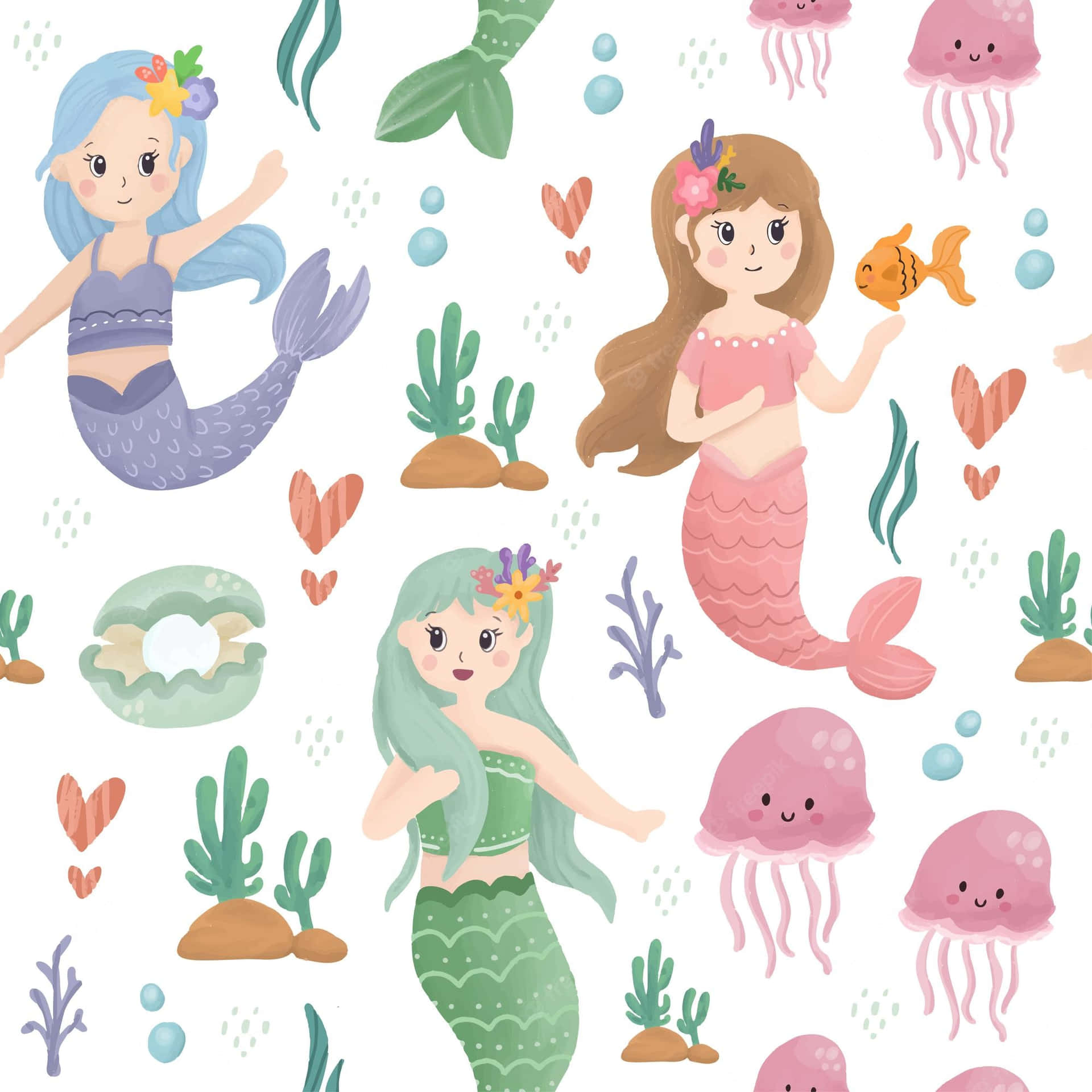三位色彩繽紛尾巴的微笑卡通美人魚與珊瑚、水母在一個有趣的海洋場景中。