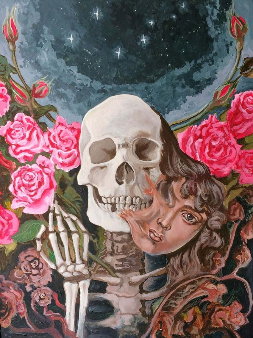 一個頭骨，女人的臉從中浮現，在星空下以粉紅玫瑰為框。
