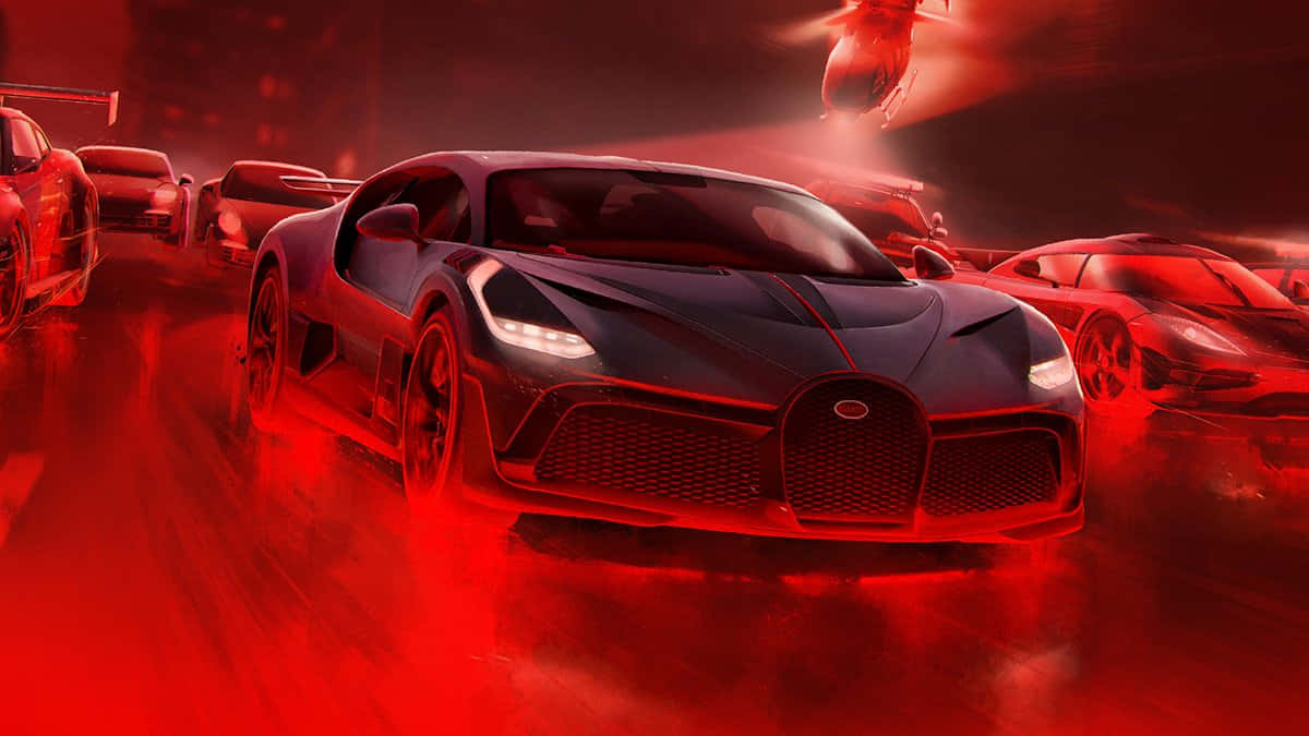 黑色 Bugatti 超跑在夜間於霓虹燈照亮、雨水浸濕的城市街道上飛馳。