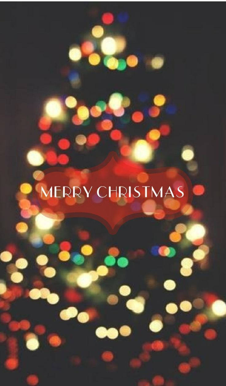模糊的聖誕燈光形成樹的形狀，並帶有寫著 merry christmas 的紅色橫幅。