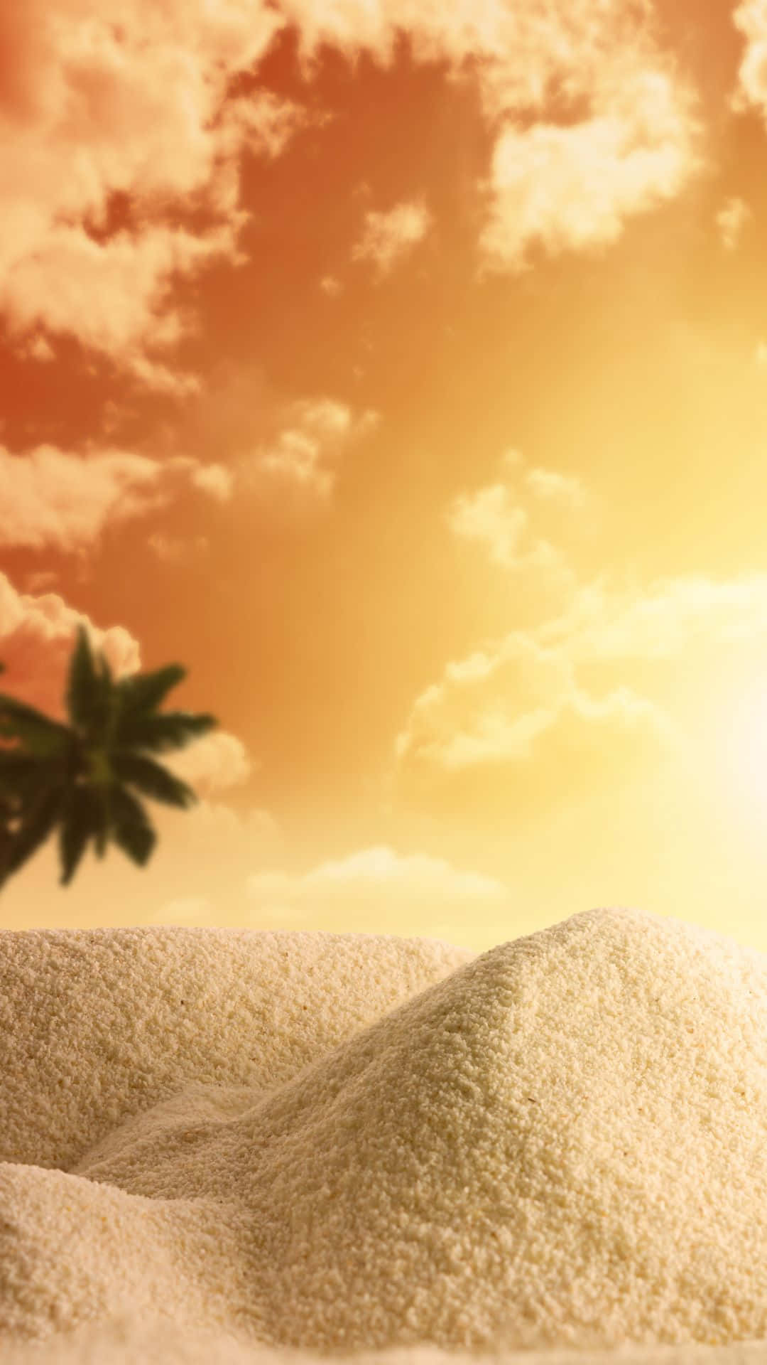 金色日落下有紋理的沙丘特寫，帶有棕櫚樹剪影。