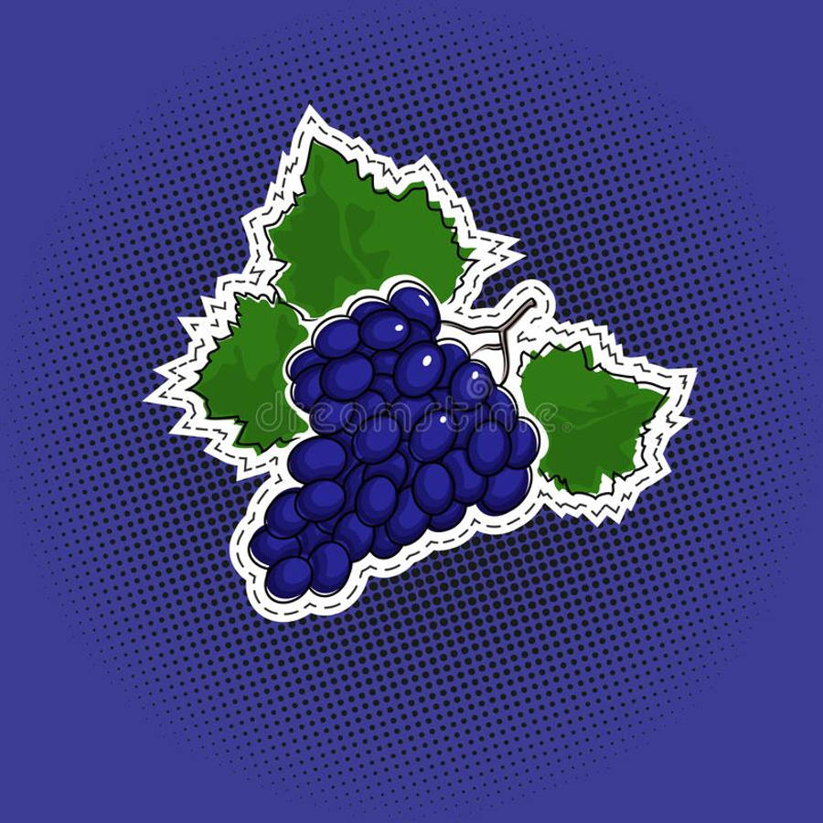 迷人葡萄串 壁紙 — 一個充滿活力的普普藝術插圖，描繪了一串藍色葡萄和綠色葉子，背景是藍色圓點。