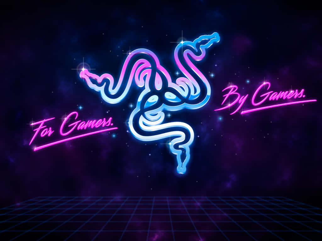 霓虹 Razer 標誌，帶有 'For Gamers By Gamers' 文字，位於星形網格背景上。