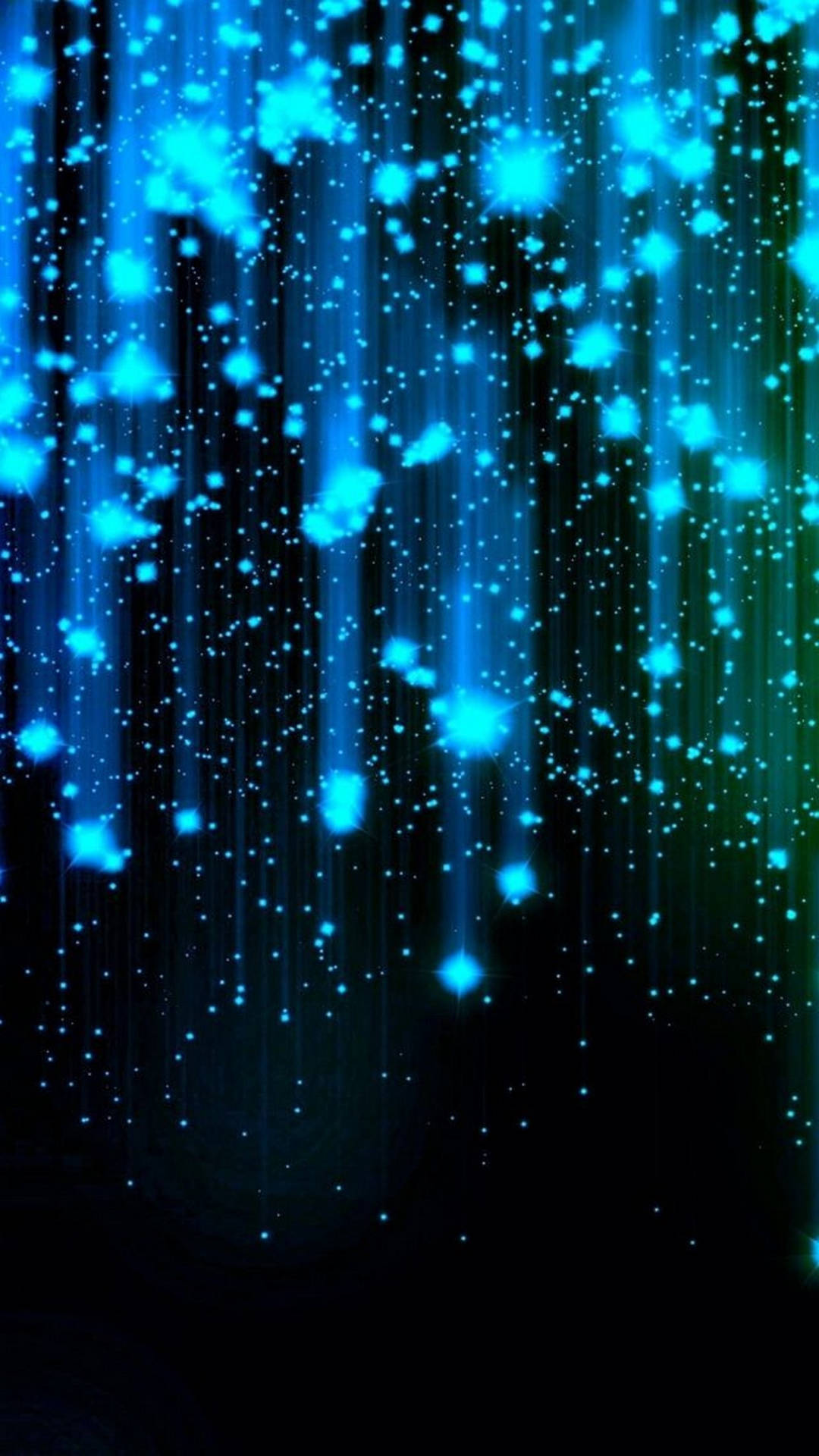 藍色發光粒子在黑暗中像數位雨一樣落下。