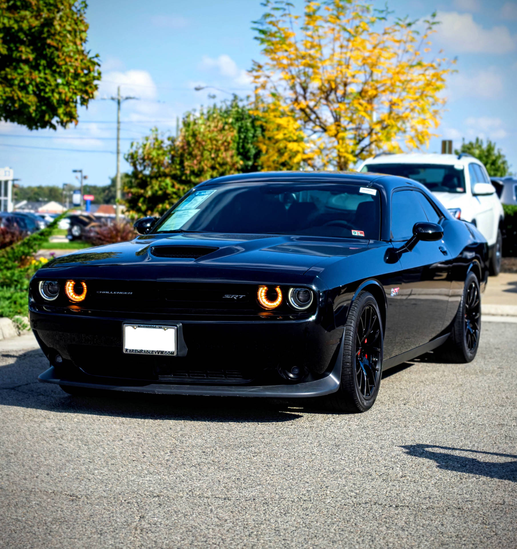 黑色Dodge Challenger SRT，帶有橙色光環頭燈，停在秋樹附近的街道上。