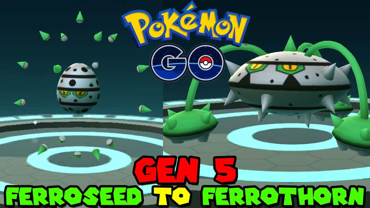 迷人鐵刃的進化之路 壁紙 — 一個 Pokémon GO 進化場景，顯示鐵種子（Ferroseed）進化成堅果啞鈴（Ferrothorn），帶有發光環和漂浮種子。