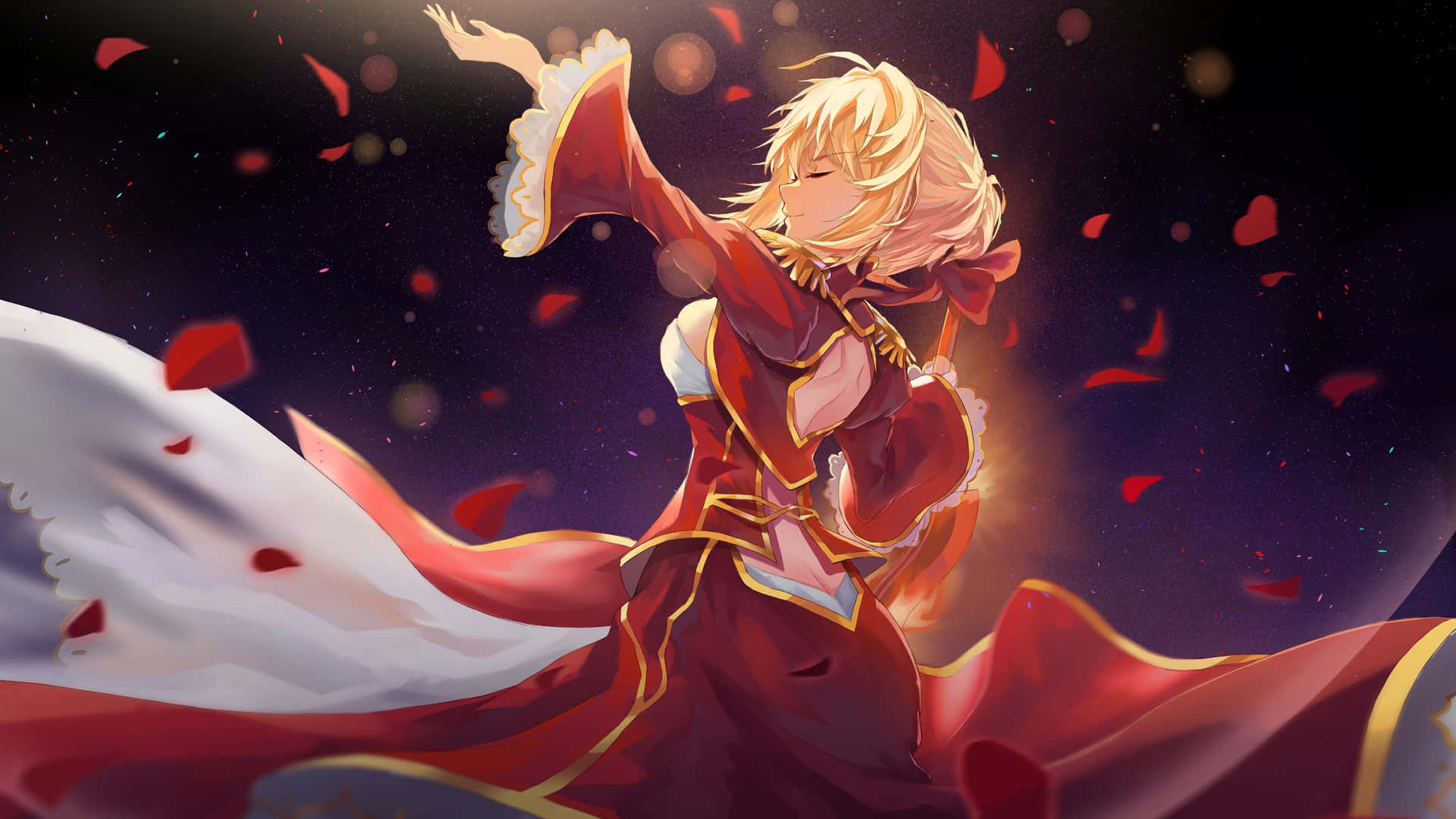 動漫女孩穿著紅白長裙在星空下與飄落花瓣共舞