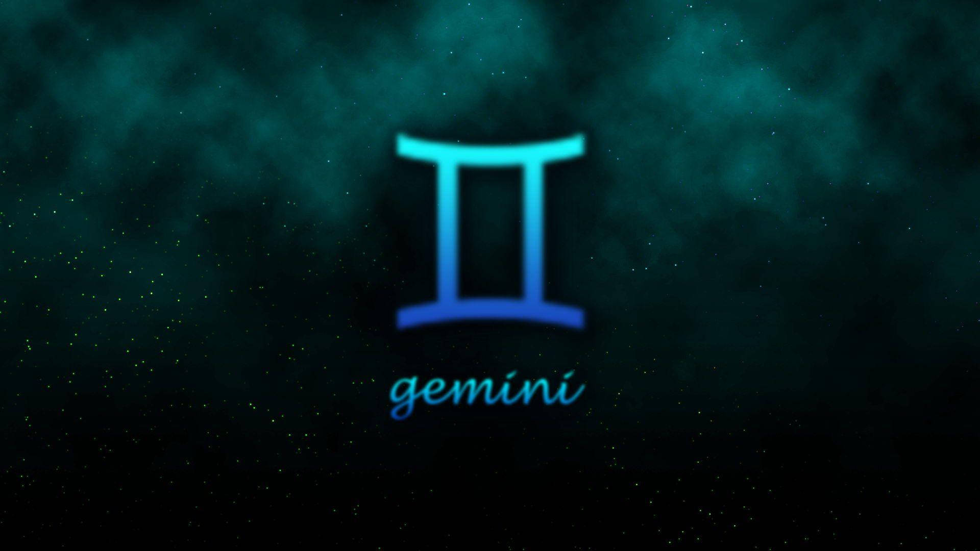 迷人雙子座星座圖標 壁紙 — 一個發光的藍色雙子座星座符號，在點綴著星星的深色藍綠色宇宙背景中閃耀。