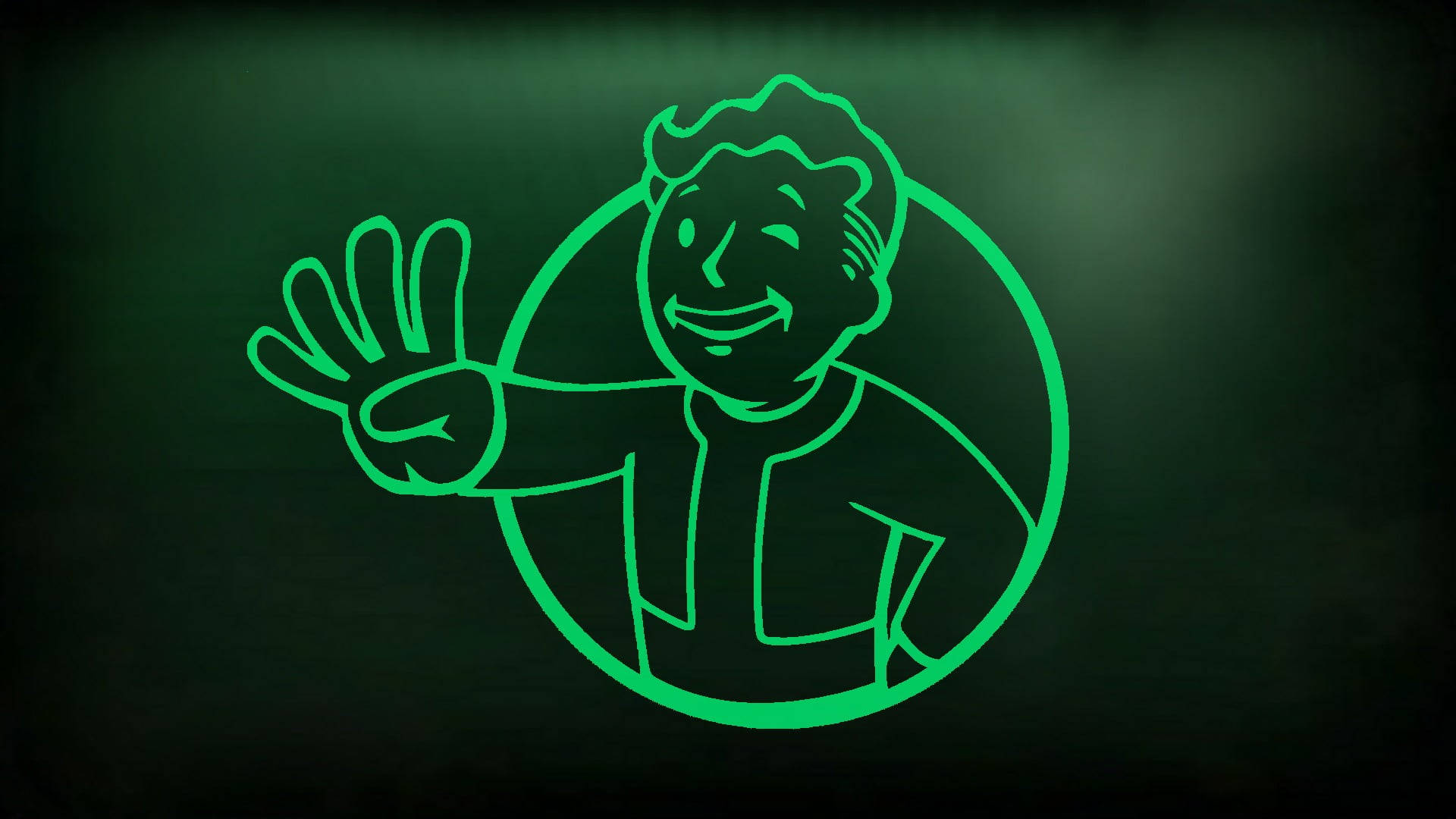 在深色背景上揮手的發光綠色Vault Boy吉祥物。