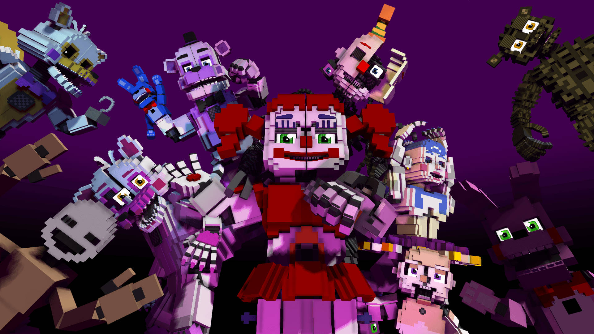 迷人馬戲團寶寶積木插畫 壁紙 — 來自《Five Nights at Freddy's》的像素化電子動畫角色在深紫色背景上漂浮。