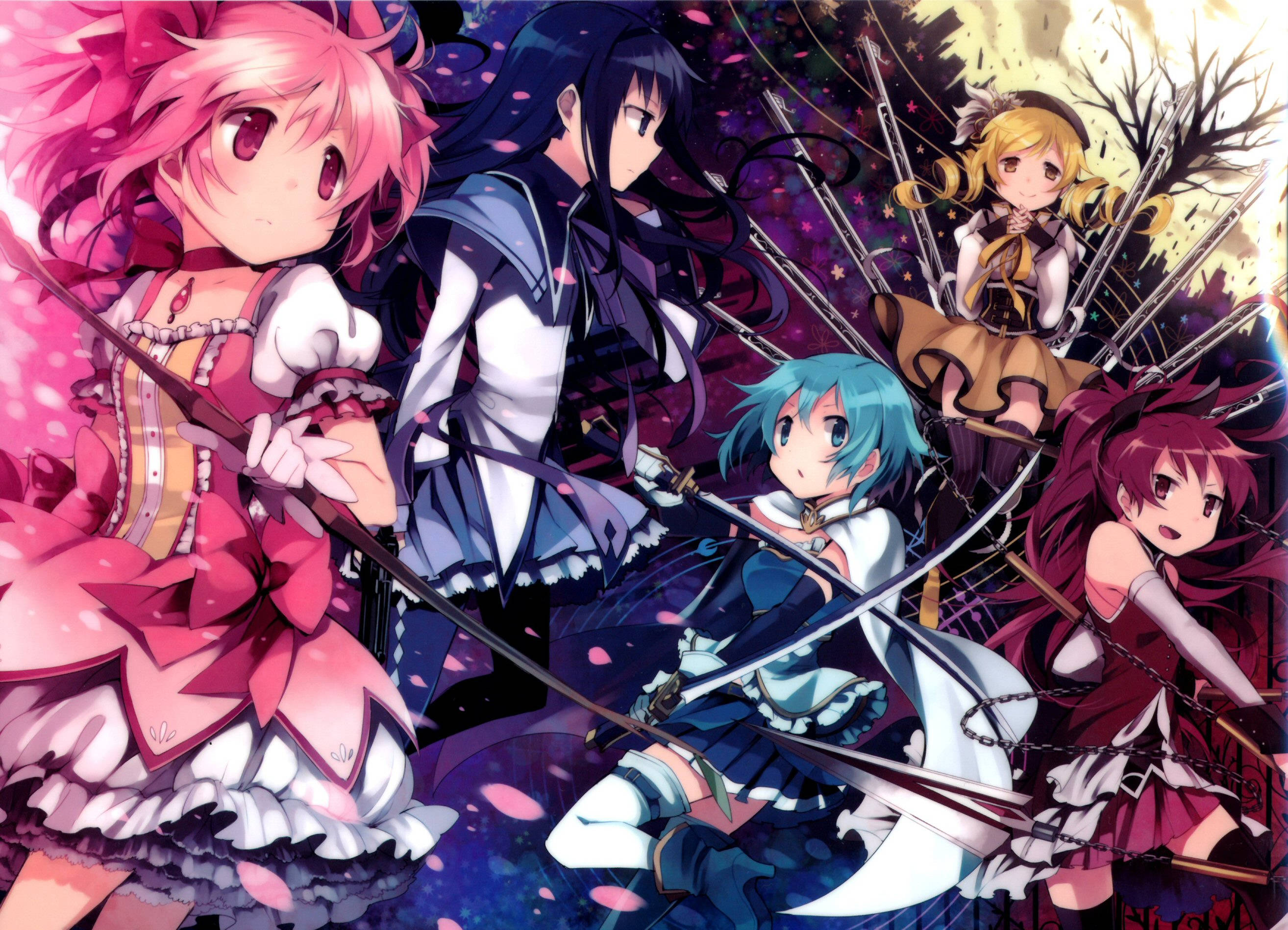 迷人魔法少女Madoka海報 壁紙 — 五位擁有鮮豔髮色的動漫少女在黑暗魔法背景下，於飄落的粉紅花瓣中揮舞劍刃。