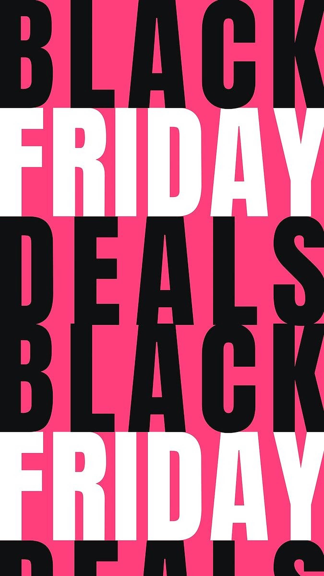 迷人黑色星期五優惠與折扣 壁紙 — 大膽的黑、白、粉紅色文字重複 'black friday deals'，形成高對比度的圖形設計。