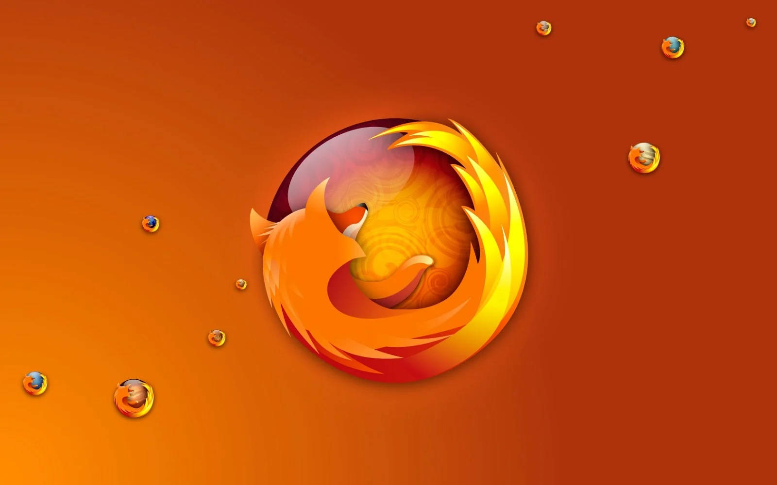 迷你 Mozilla Firefox 紅色標誌 壁紙 — 充滿活力的橙色漸變背景上，有一個風格化的火焰狐狸標誌，周圍環繞著漂浮的地球圖標。