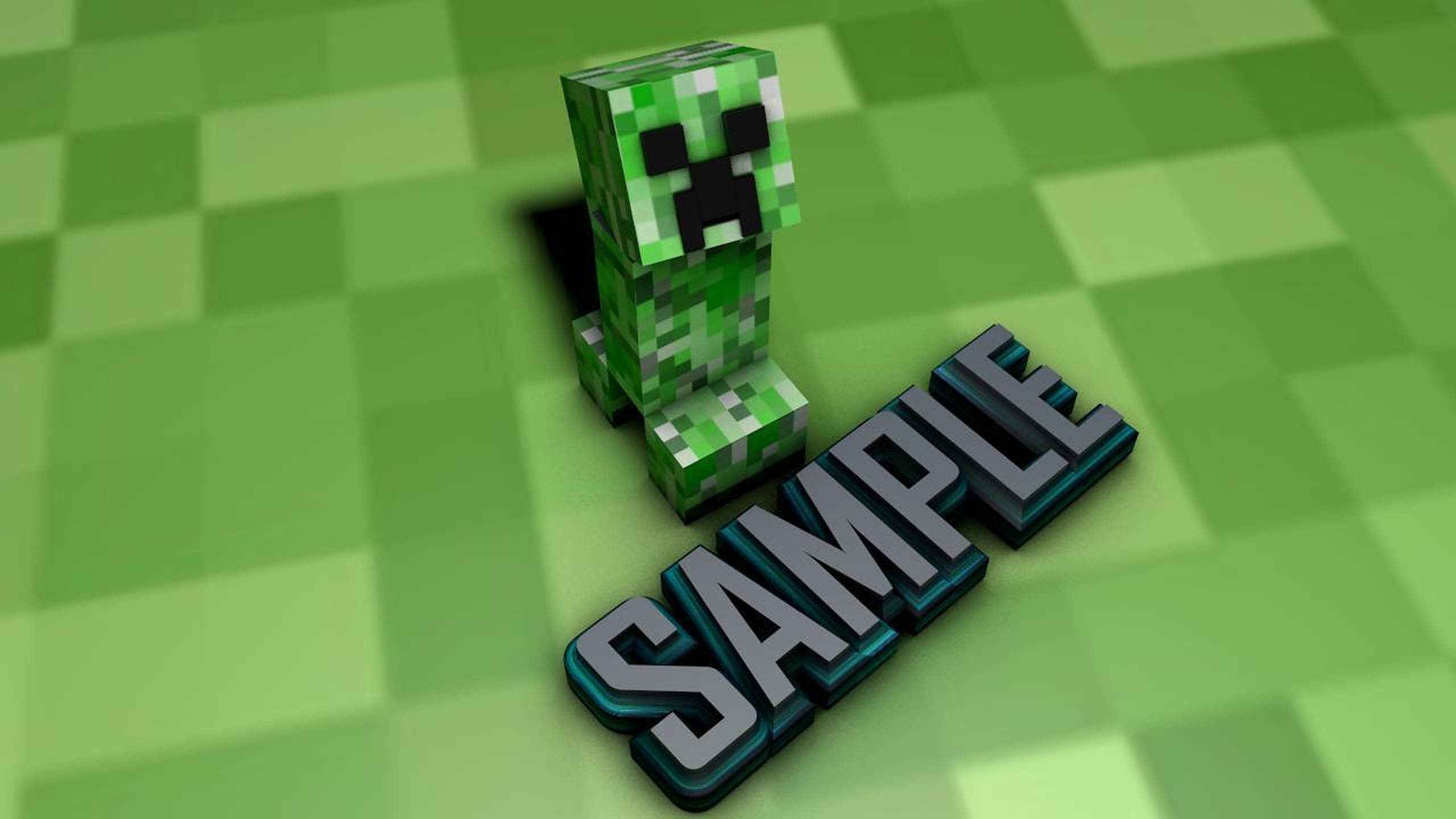 迷你Minecraft苦力怕 壁紙 — 一個像素化的綠色爬行者站在格子草塊上，旁邊是3D渲染的樣本文字。
