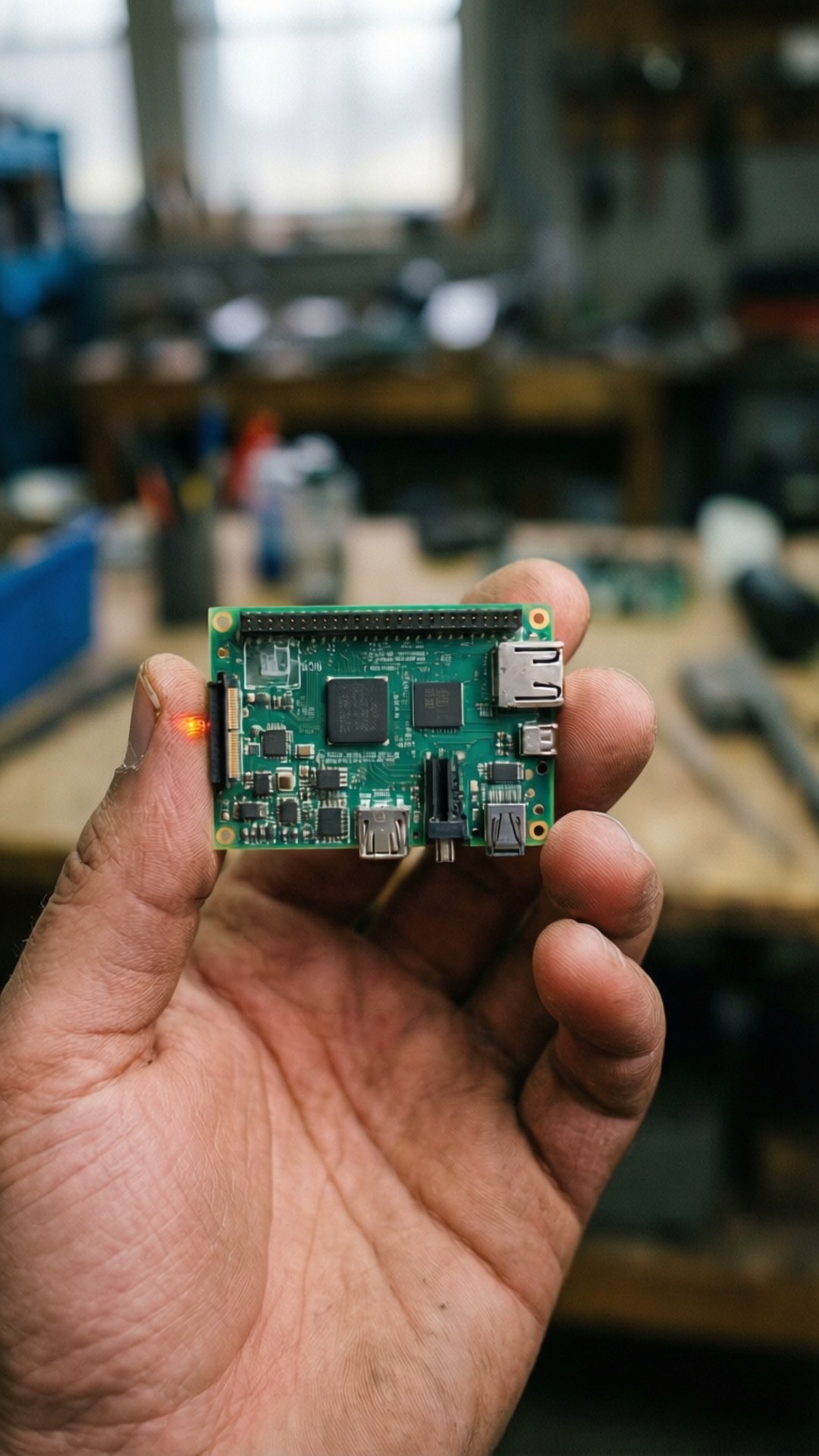 手拿著一塊帶有發光LED的綠色Raspberry Pi電腦板。