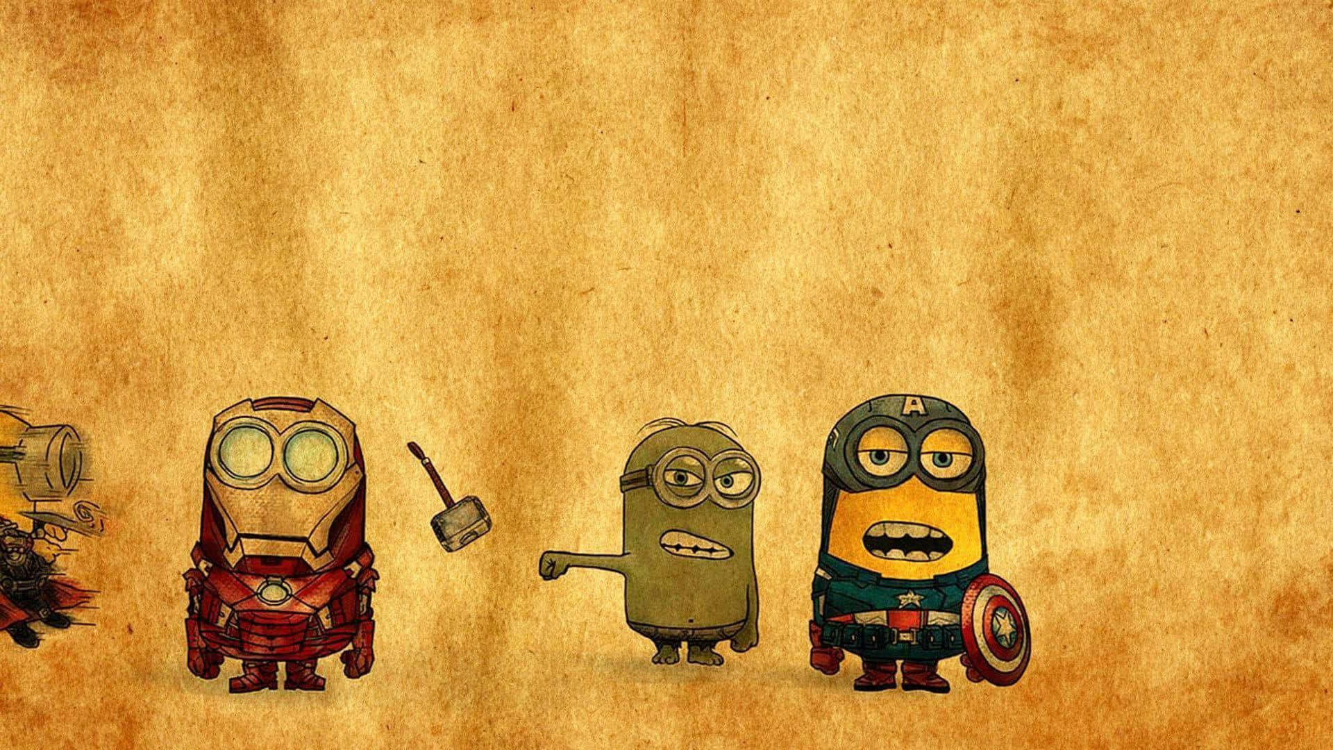 Cartoon Heroes 桌布 壁紙 — 迷你兵團打扮成Marvel超級英雄，站在舊羊皮紙上，帶有漫畫風格和俏皮表情。