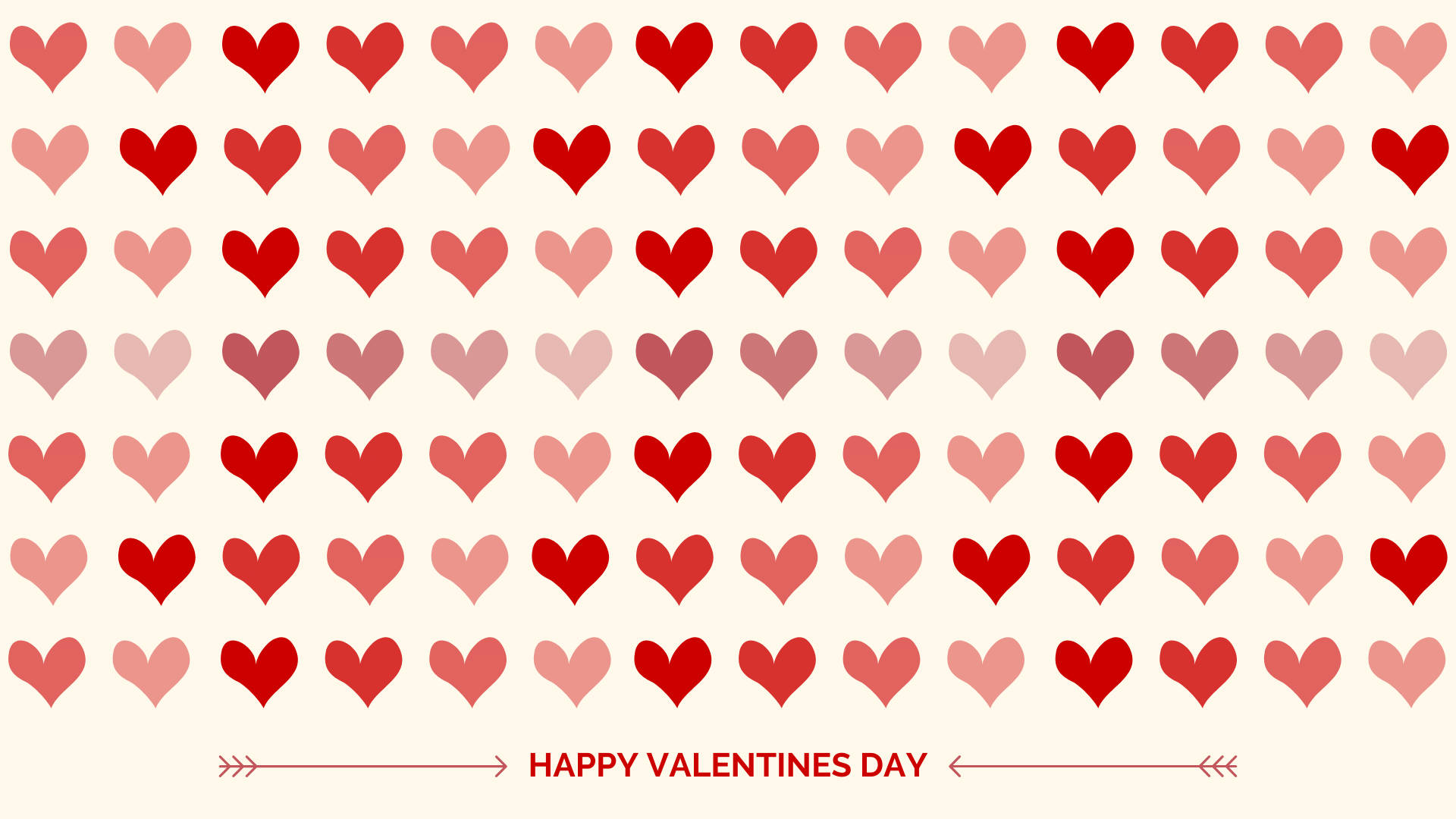 紅色和粉紅色心形以網格圖案排列，下方有「Happy Valentine's Day」文字。