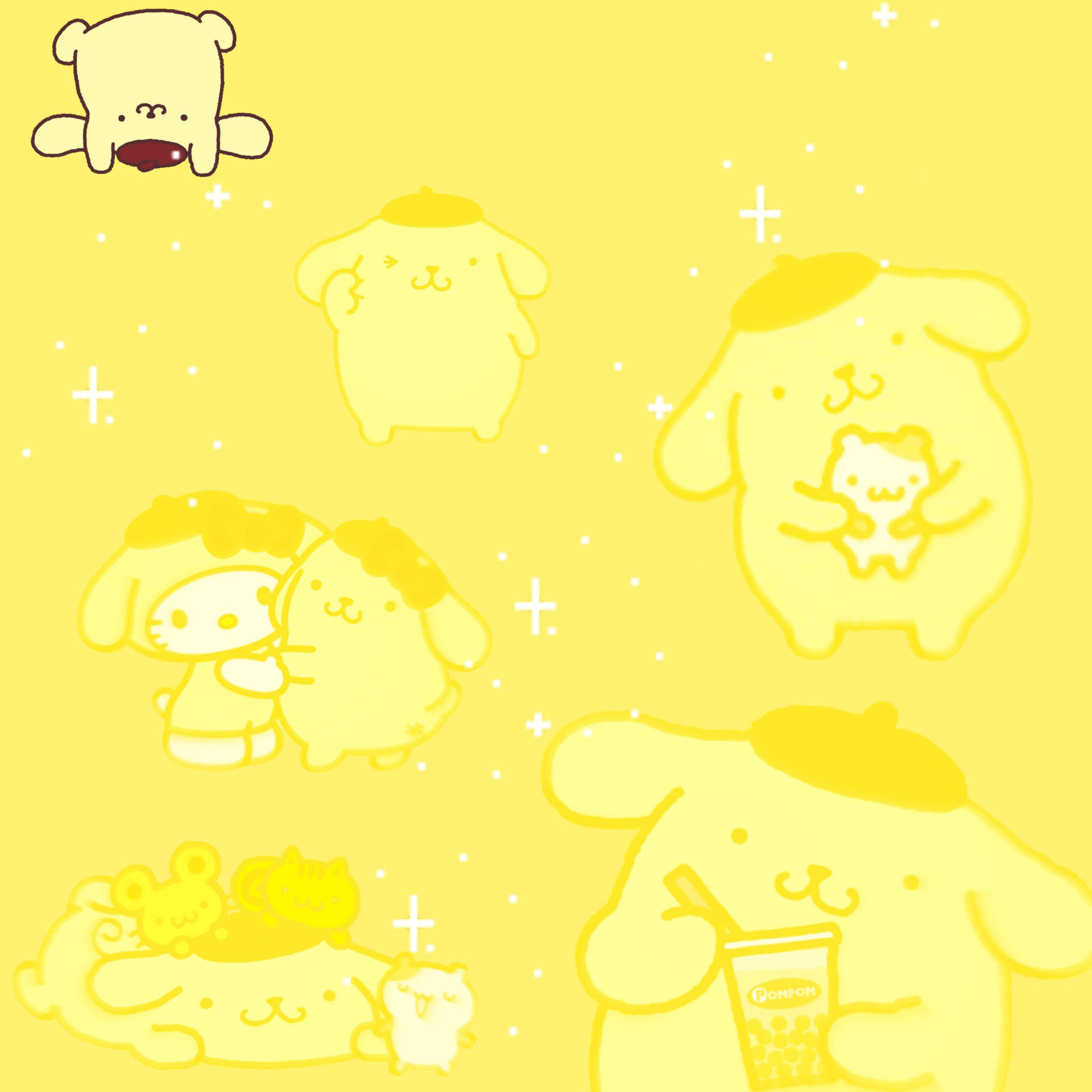 可愛的卡通人物在黃色空間中漂浮，帶有閃爍的光芒。 — 布甸狗 GIF 壁紙