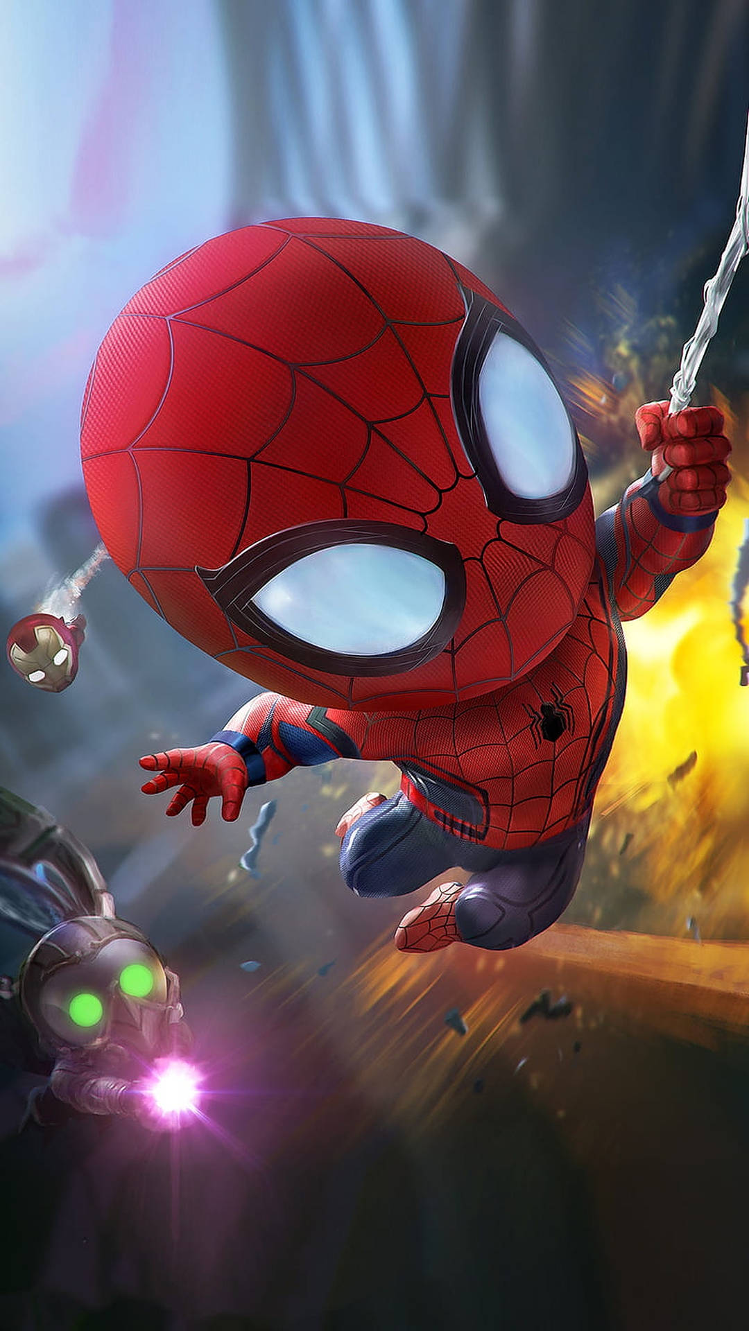 Chibi Spider-Man 在燃燒的戰鬥中擺盪，躲避激光束。
