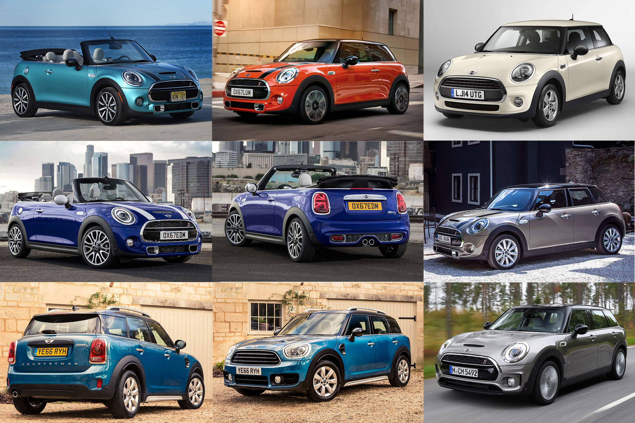 迷你車模型拼貼畫 壁紙 — 九款色彩繽紛、風格各異的Mini Cooper車型，在城市景觀和開闊道路上展示。
