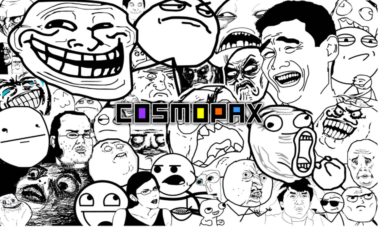 迷因臉部 Cosmopax 壁紙 — 一個混亂的黑白拼貼畫，由網絡迷因和誇張的卡通面孔圍繞著 COSMOPAX 這個詞。