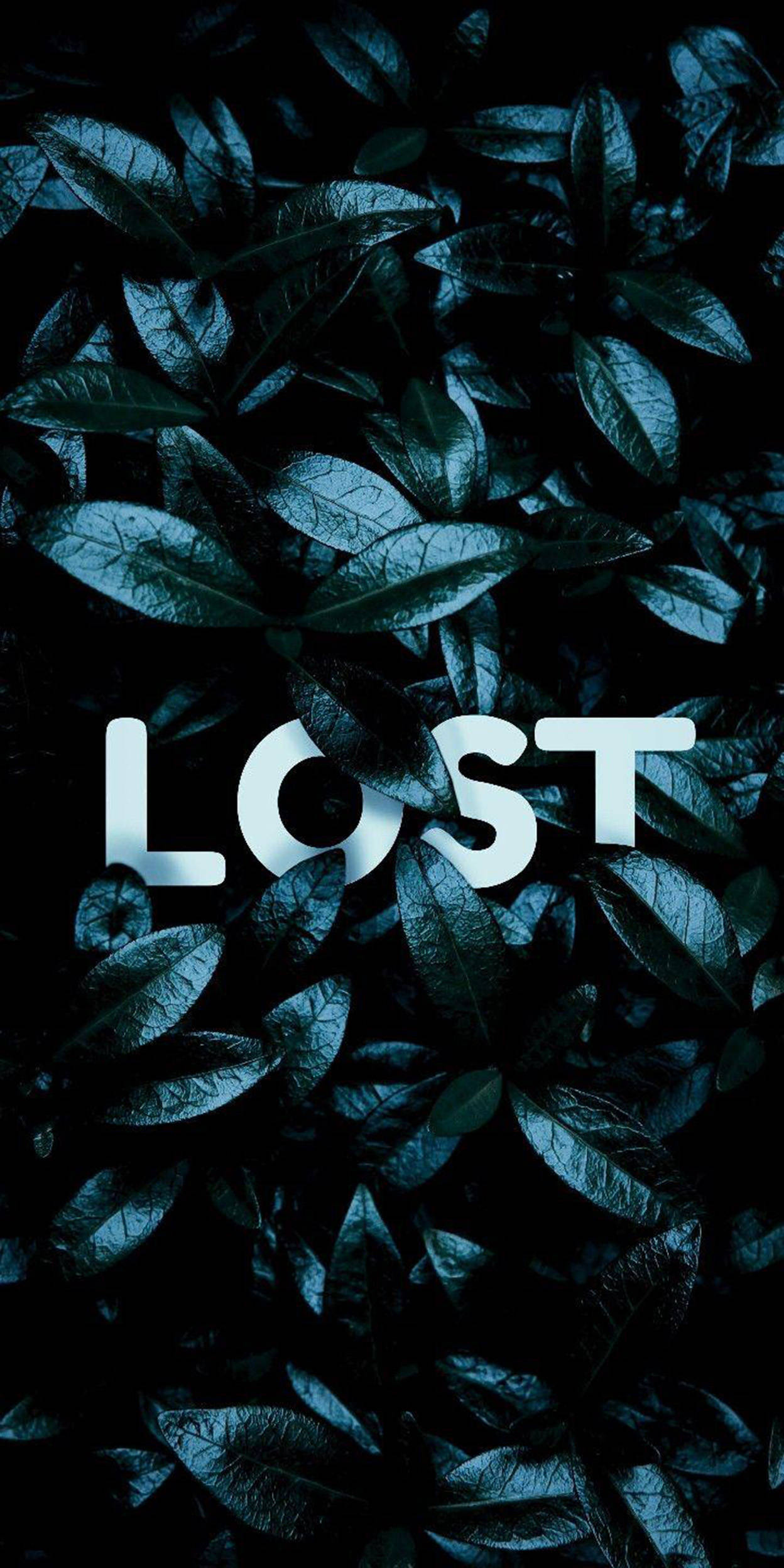 迷失 iPhone 壁紙 — 在昏暗燈光下，'LOST' 一詞在深青色葉子的密集背景下發出 stark 白色光芒。