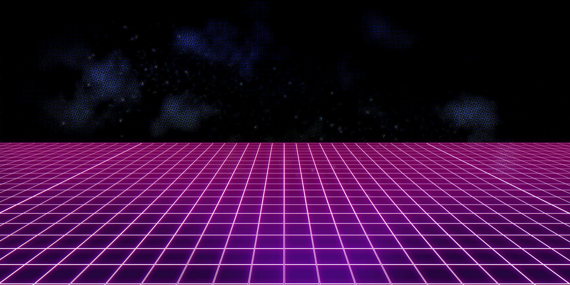 迷失在80年代——Vaporwave 壁紙 — 發光的洋紅色網格地板延伸至星空藍色數碼夜空，帶有像素化雲朵。