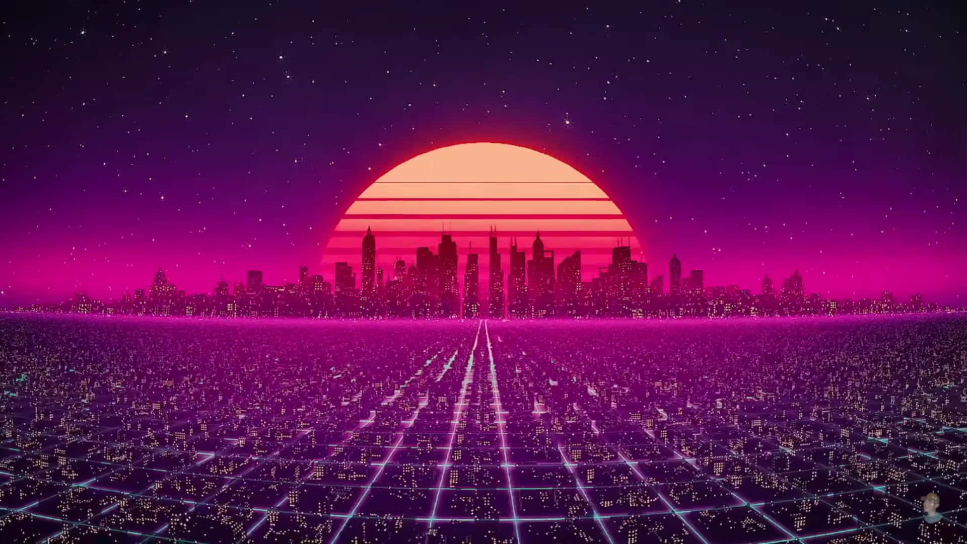 迷失在80年代Vaporwave的霓虹色彩中 壁紙 — 一個充滿霓虹燈的復古未來主義城市景觀，在日落時分，帶有發光的網格地板和星空。