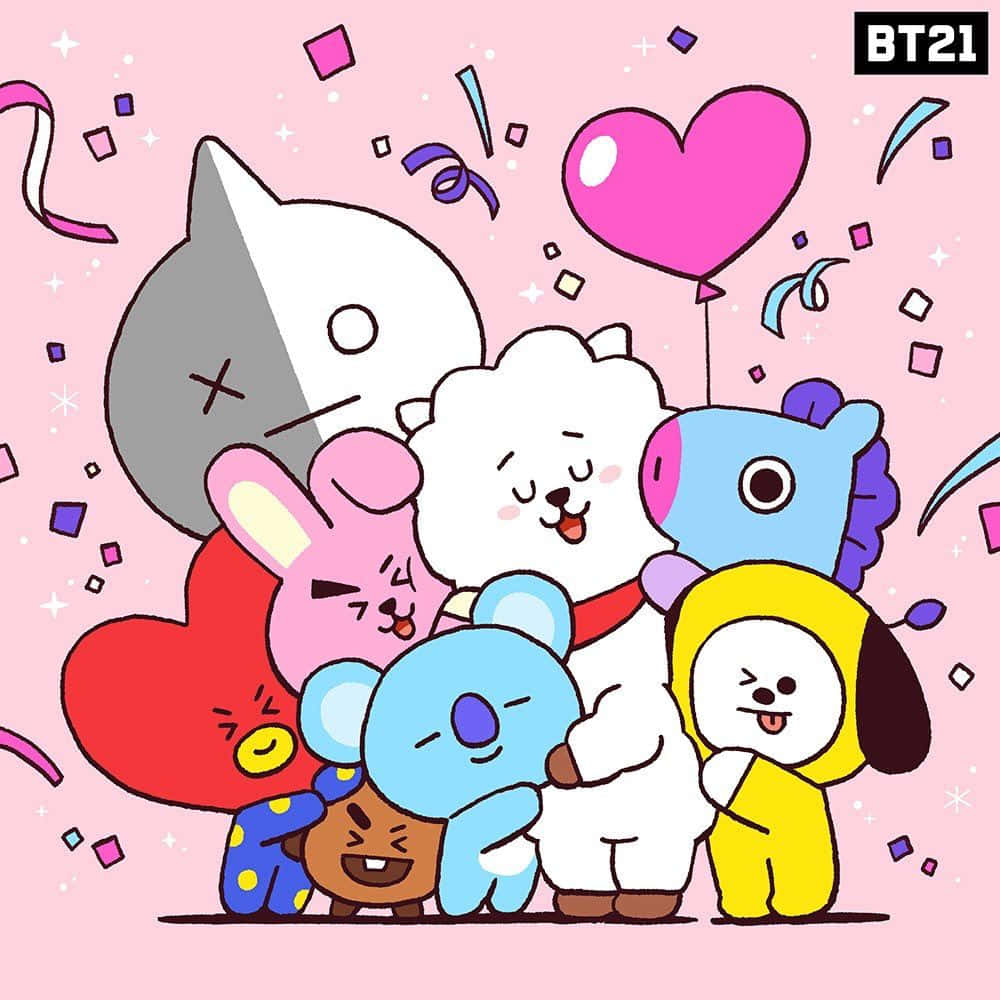 BT21角色擁抱並以五彩紙屑和心形慶祝。