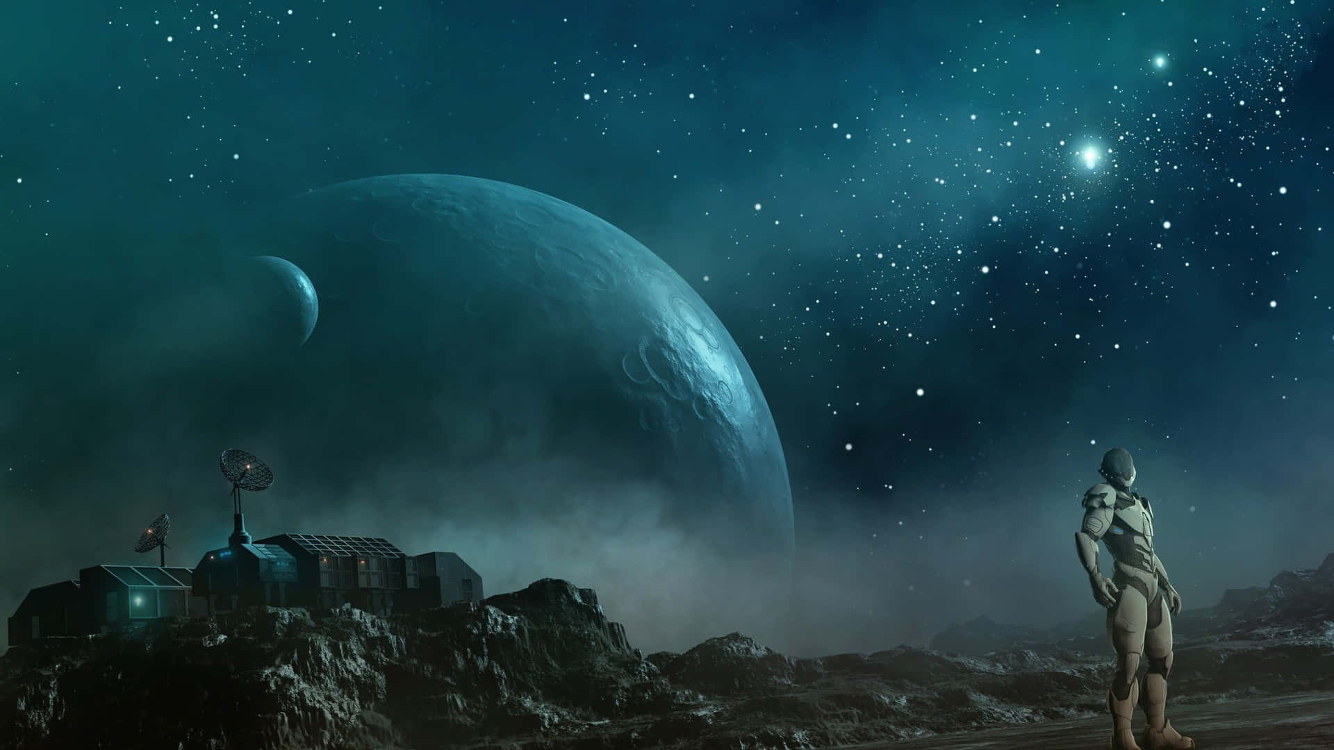 外星世界上的太空人看著巨大的藍色月亮和星星。