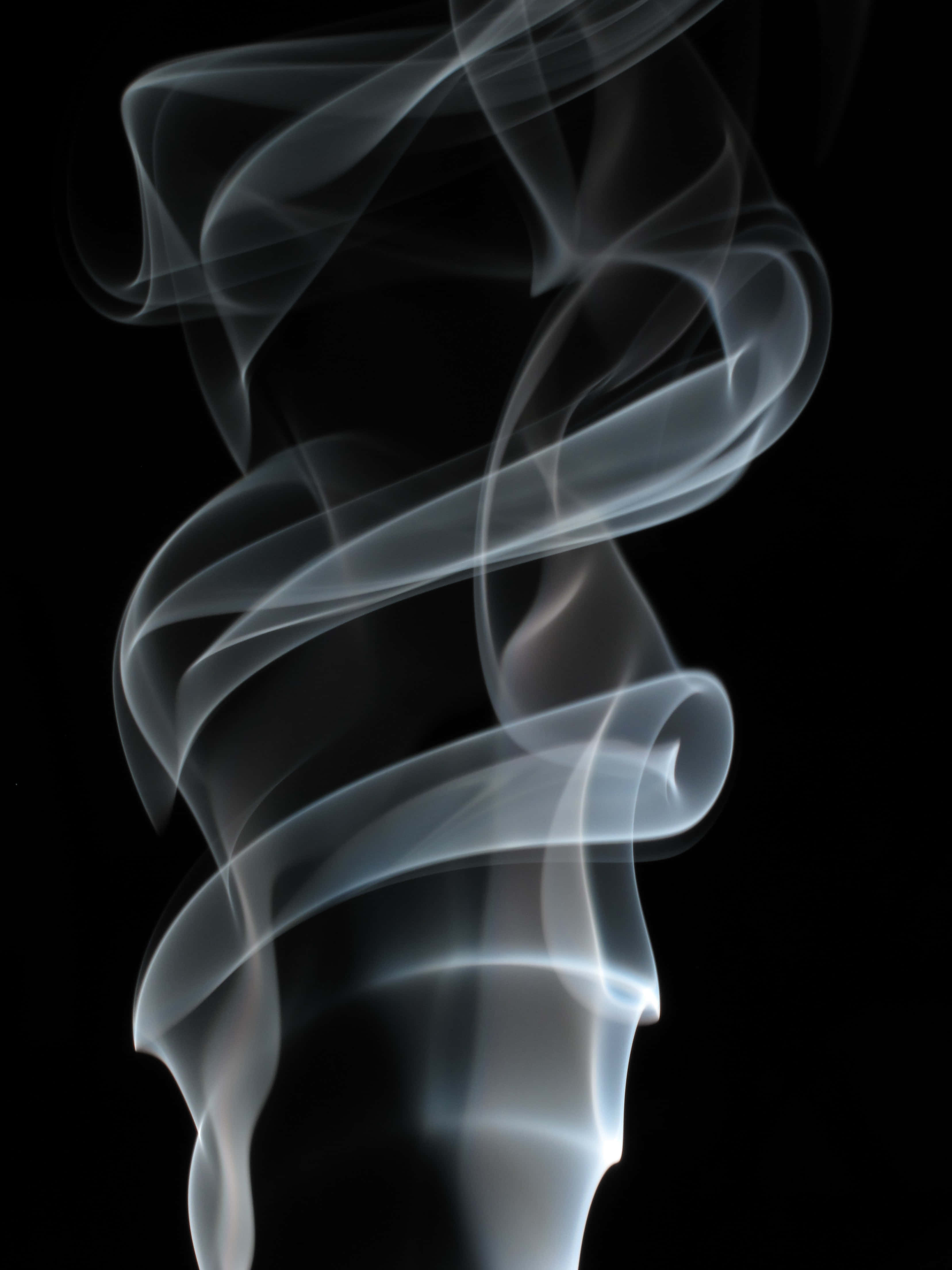 迷失在煙霧的荒野之美 壁紙 — 優雅旋轉的煙霧以柔和白色和灰色在純黑背景上升起，營造出寧靜的抽象形態。
