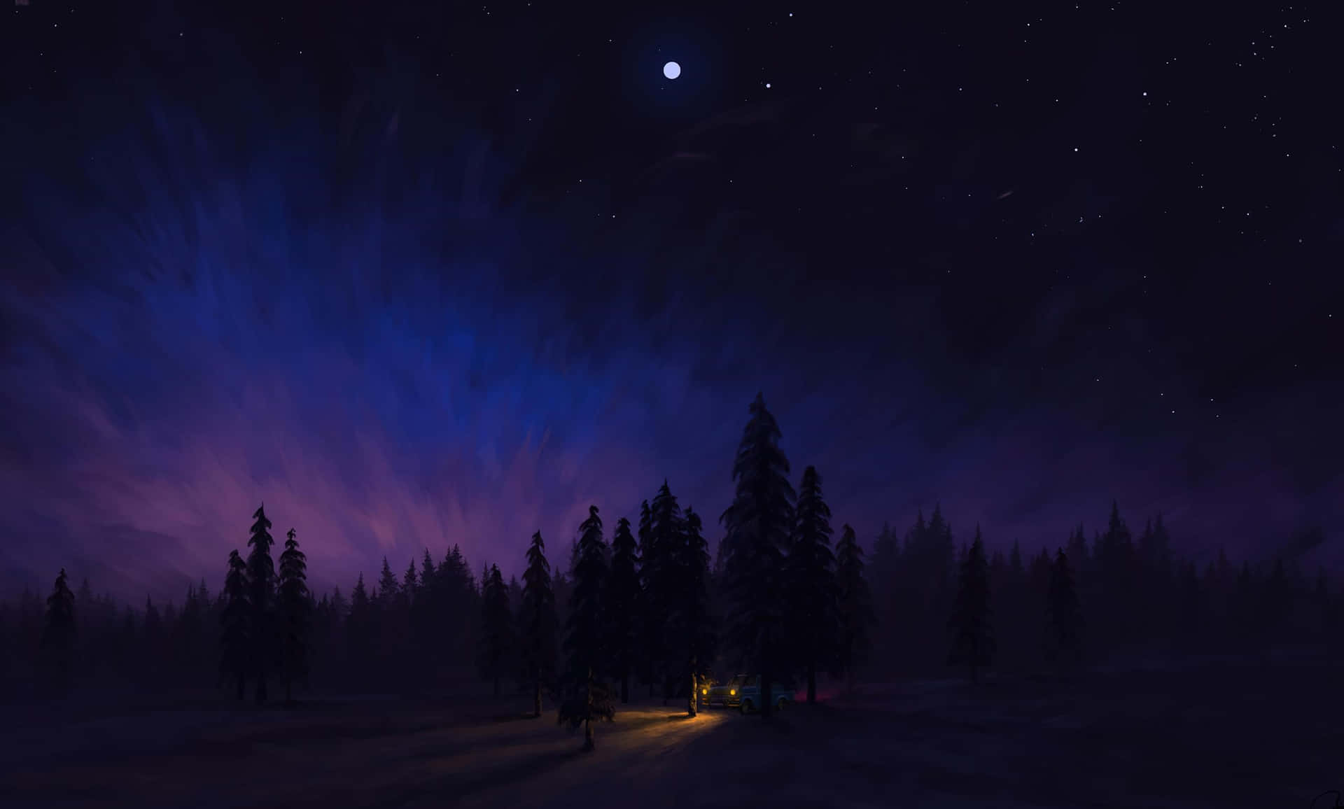 在充滿活力的極光和星光燦爛的夜空下，白雪覆蓋的松樹林中一座舒適的小屋。