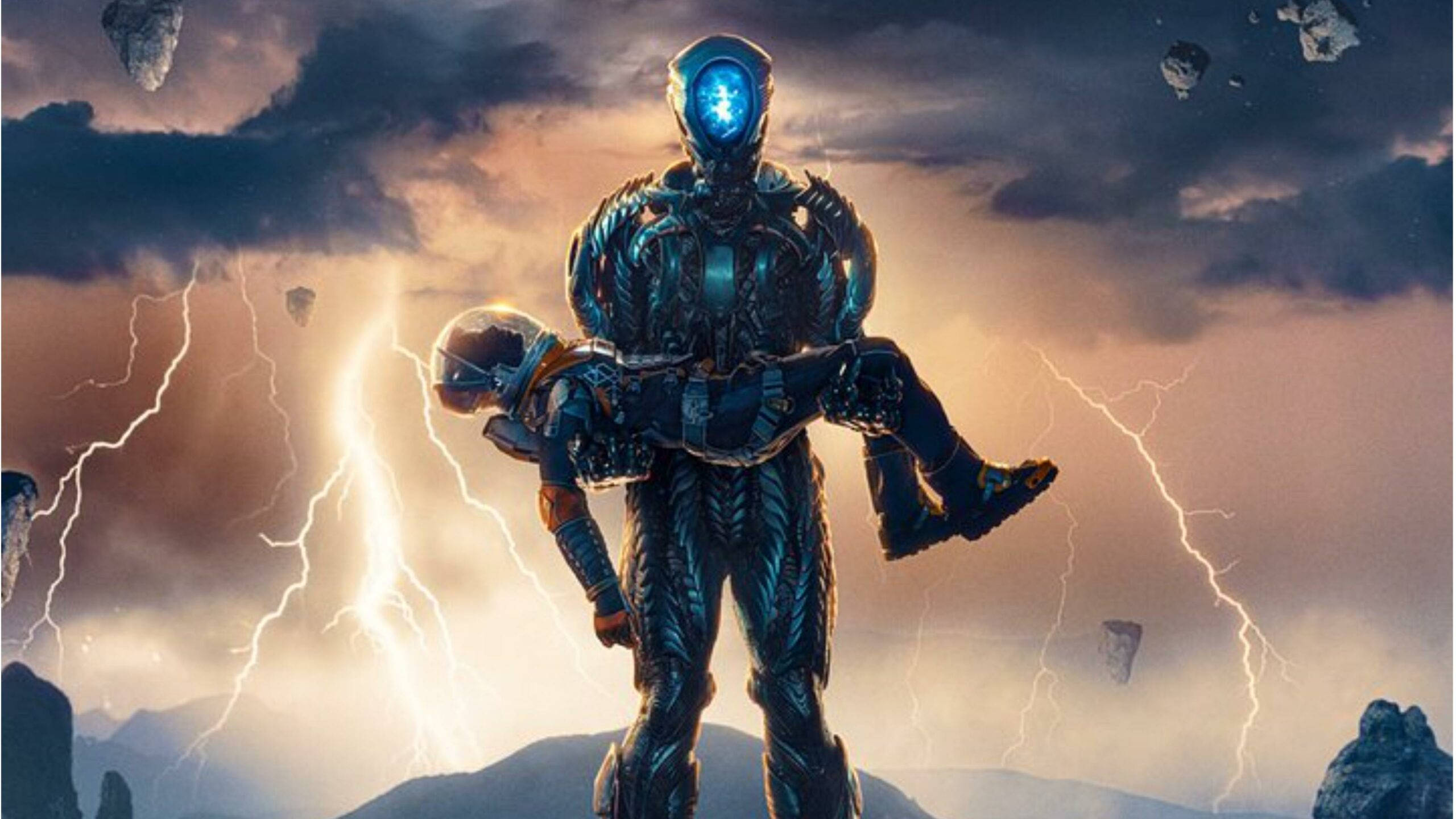 《迷失太空》Netflix電視劇 壁紙 — 一個高聳的裝甲人物帶著一個較小的太空人穿過有閃電和浮石的暴風雨天空。