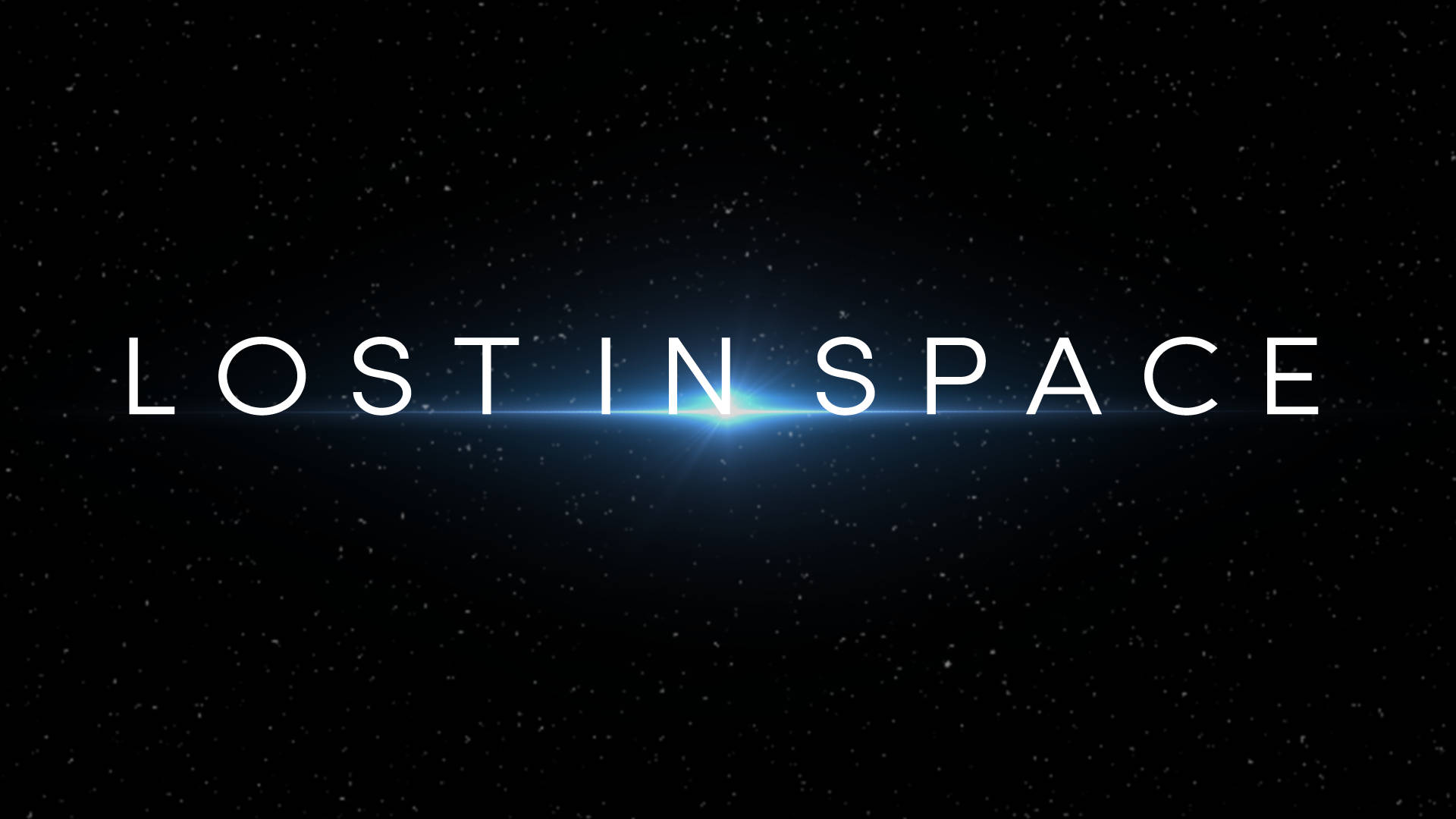 《迷失太空》數位海報 壁紙 — 粗體白色文字寫著「LOST IN SPACE」，背景是星域，字母下方有發光的藍色鏡頭光暈。