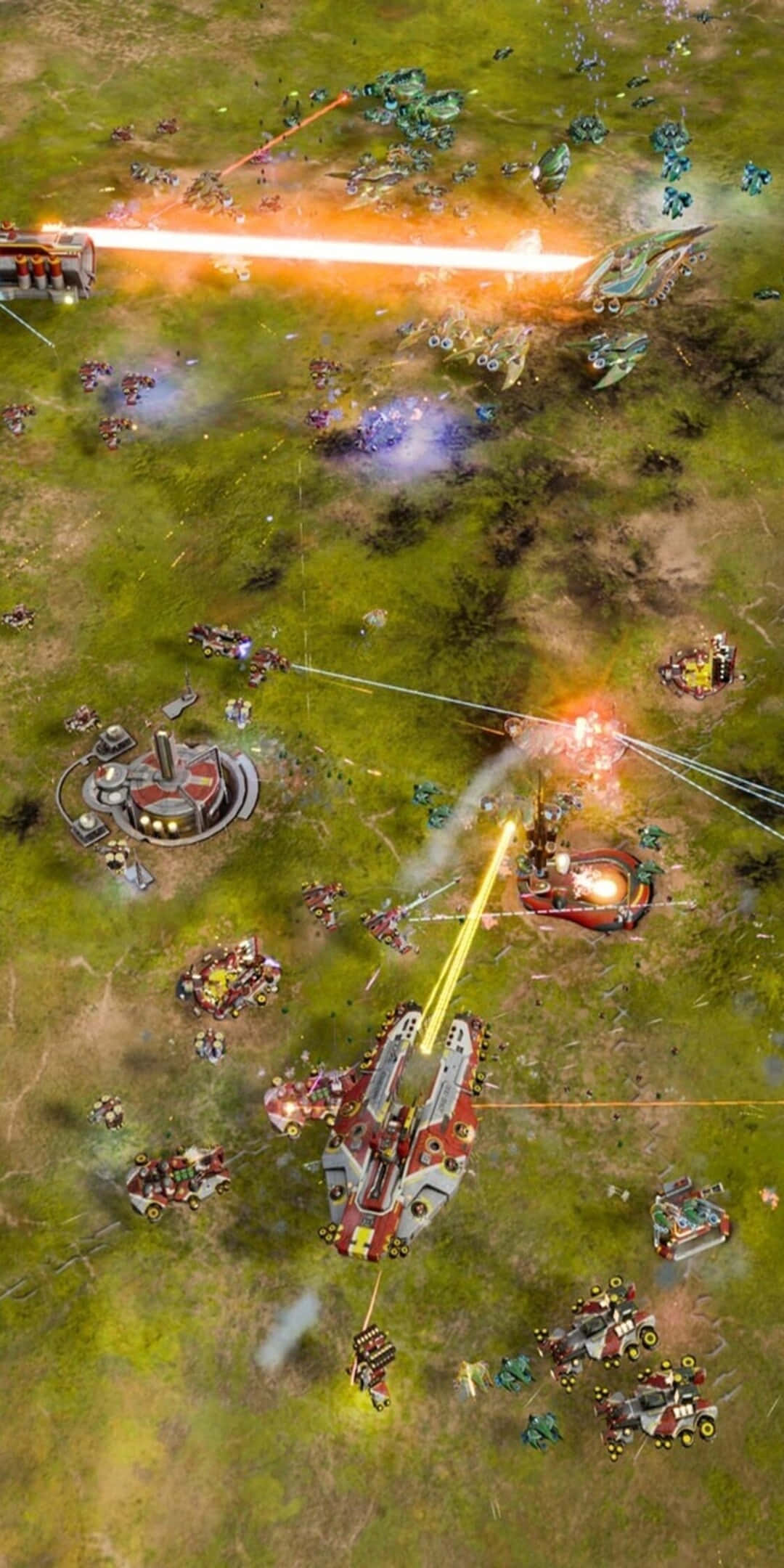 迷失於 Pixel 3 遊戲世界的《Ashes Of The Singularity》 壁紙 — 激烈的未來戰鬥在長滿草的戰場上肆虐，發光的激光武器和機械單位相互碰撞。