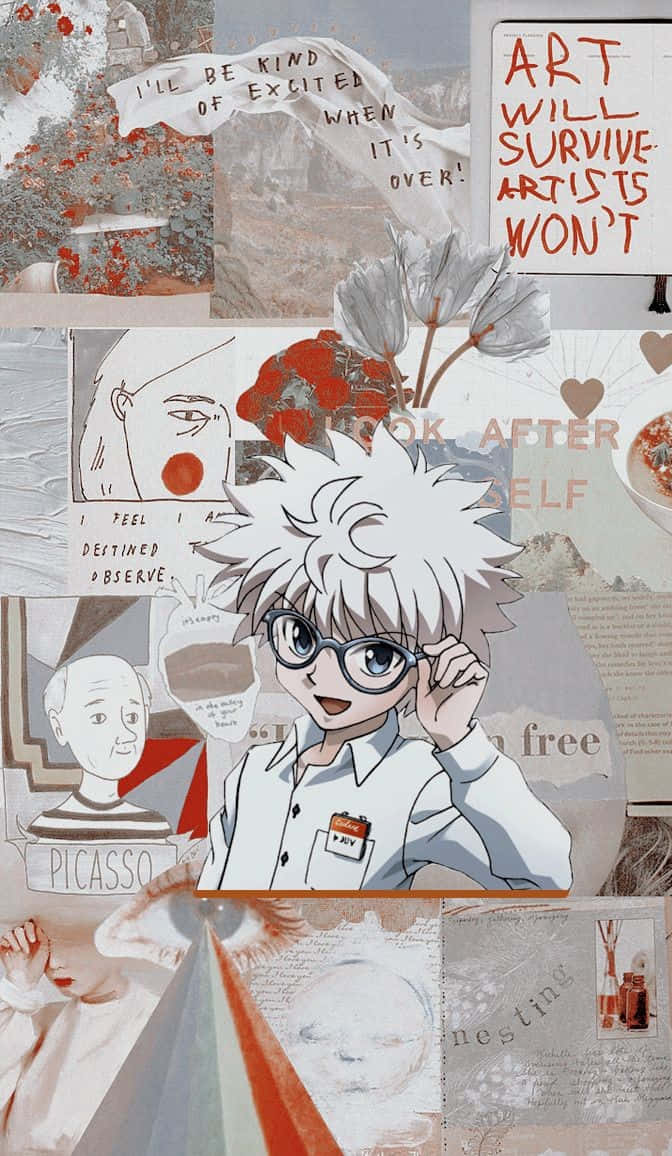 迷失於《獵人x獵人》的另類世界 壁紙 — 一款拼貼風格嘅牆紙，中央有一個白頭髮戴眼鏡嘅動漫角色，周圍環繞住藝術語錄同復古插圖。