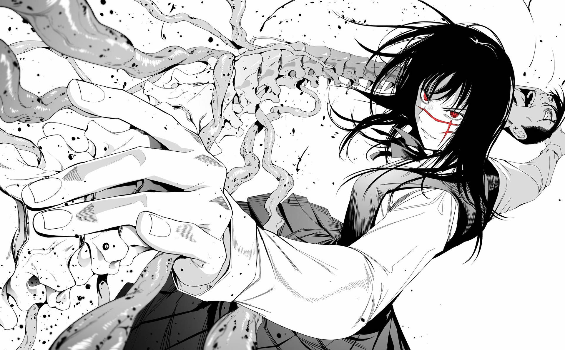 紅眼睛、臉上帶有標記的動漫女孩從手中釋放出卷鬚。