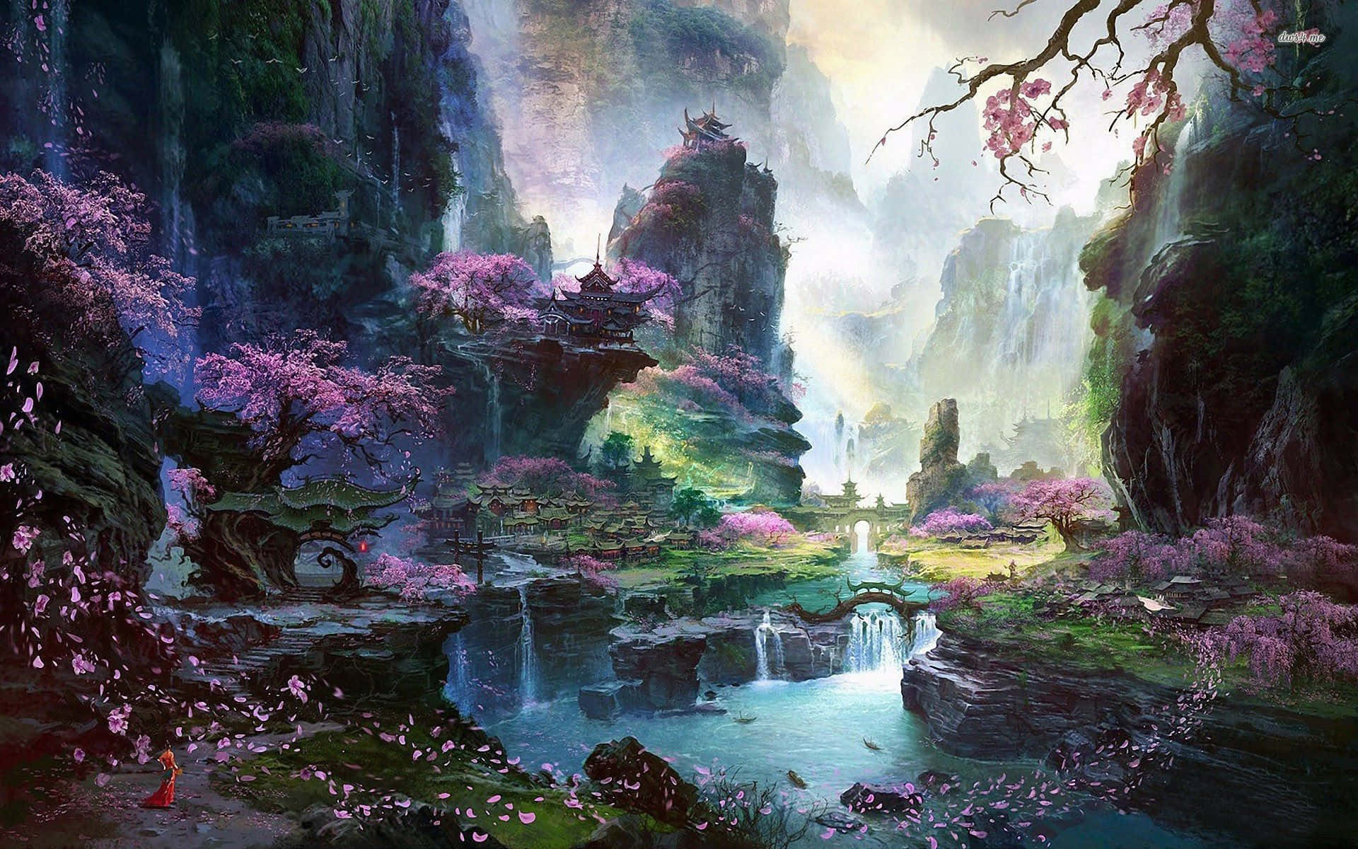 一個幻想山谷，漂浮的寶塔和櫻花在發光的天空下。