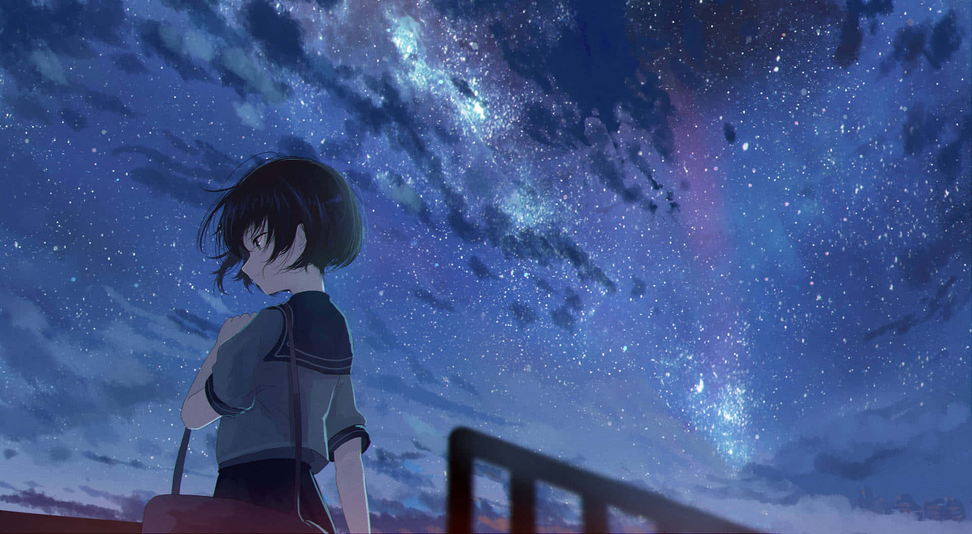 動漫女孩仰望帶有宇宙雲和星雲的星空夜空。
