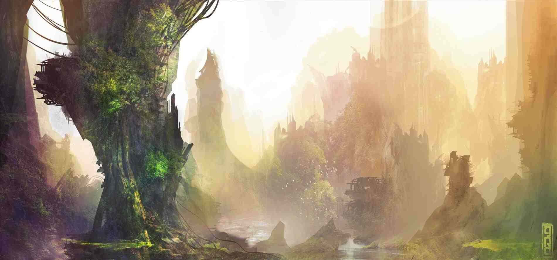 黎明時分，神秘奇幻山谷中的古樹和漂浮廢墟。