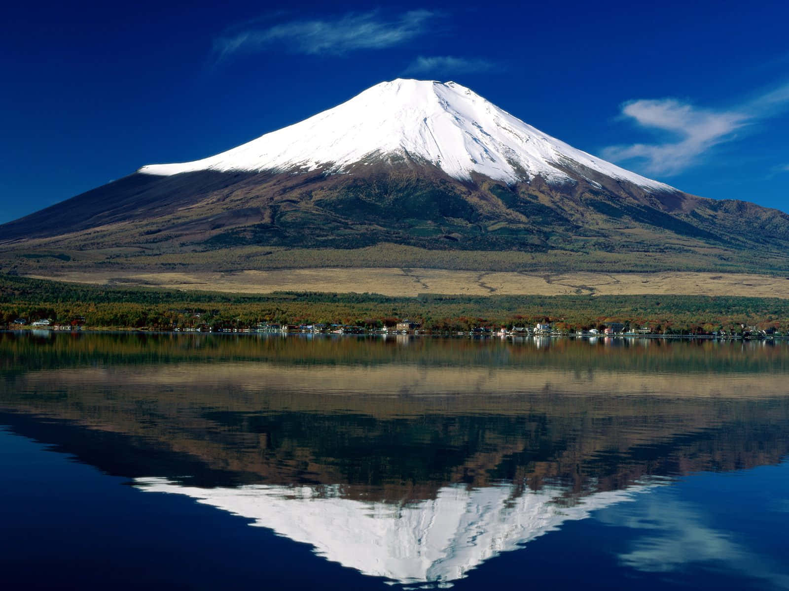 迷失於富士山壯麗天際線 壁紙 — 積雪的富士山在晴朗天空下完美倒映在平靜的藍色水面上。